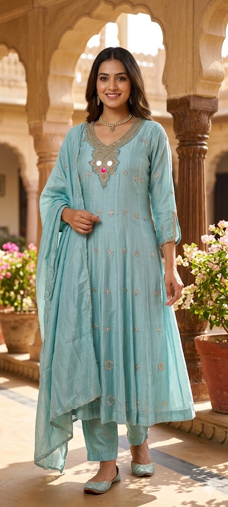 Elegant Anakarli Surat Mulchanderi A-Line Kurta Set with Mirror Embellished Neckline, Straight Pants & Banarasi Striped Dupatta-13884 W37