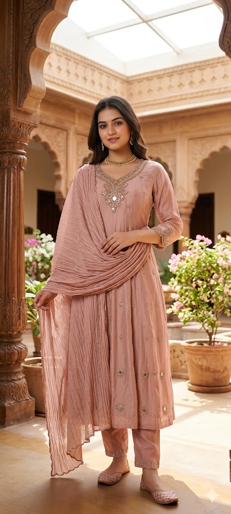 Elegant Anakarli Surat Mulchanderi A-Line Kurta Set with Mirror Embellished Neckline, Straight Pants & Banarasi Striped Dupatta-13884 W37