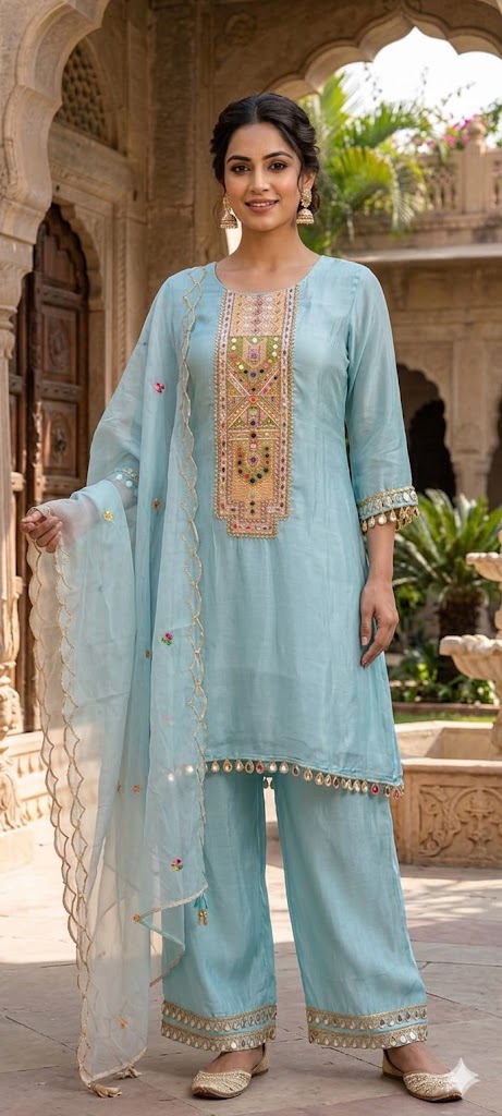 Royal Multicolor Yoke With Real Mirror Touch A-Line Full Suit Set With Dupatta In HO Silk Fabric- 14074 W45