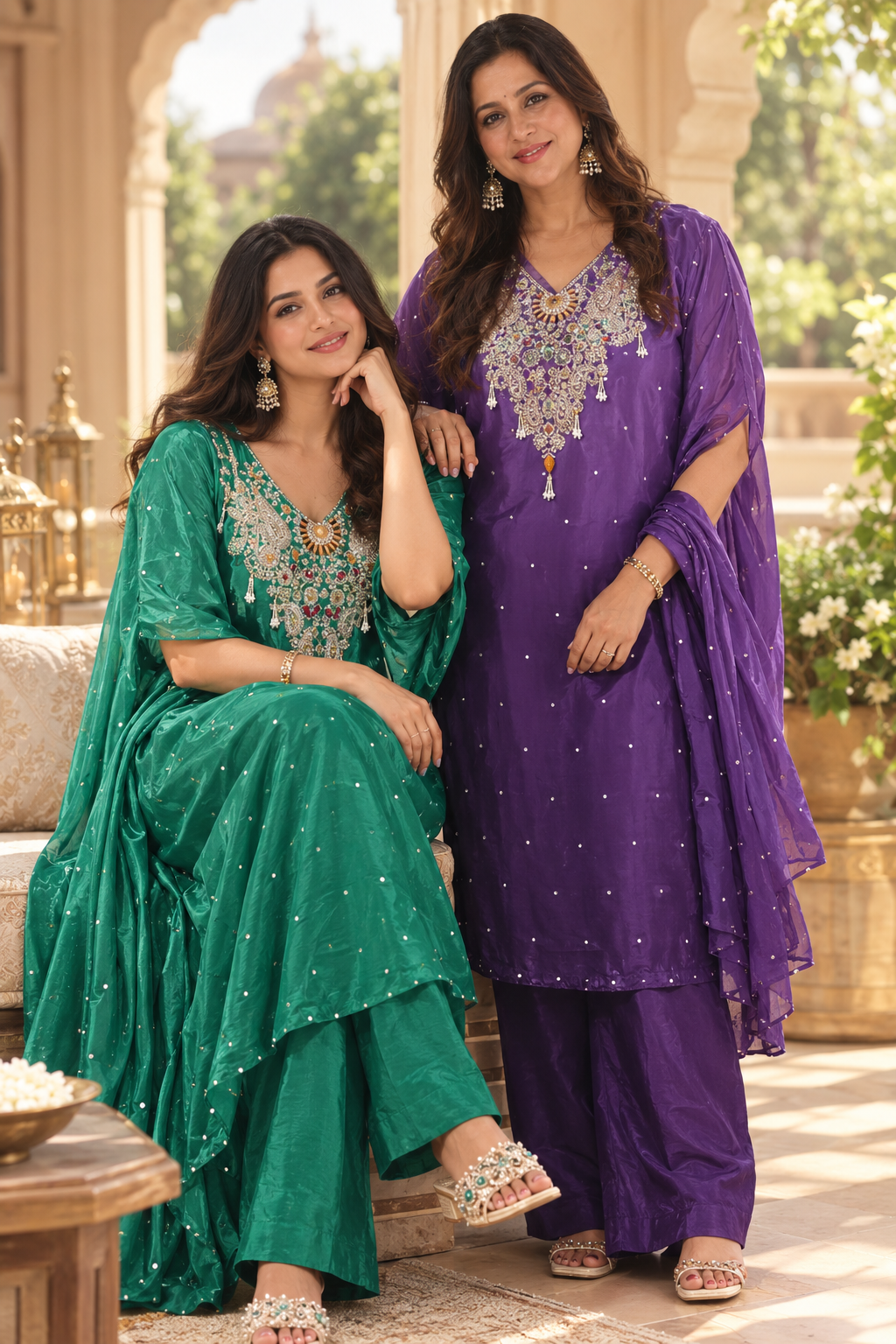 Pure Indo-Look Celestial Reindrops Scattered Tassel Accent Embroidered Yoke Kurta Pant Set- 16225