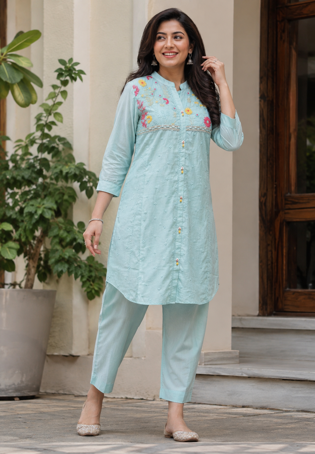 Sea Shore Pastel Shade Mul-Chanderi Co-Ord Set With Cute Floral Embroidered Motifs- 14002