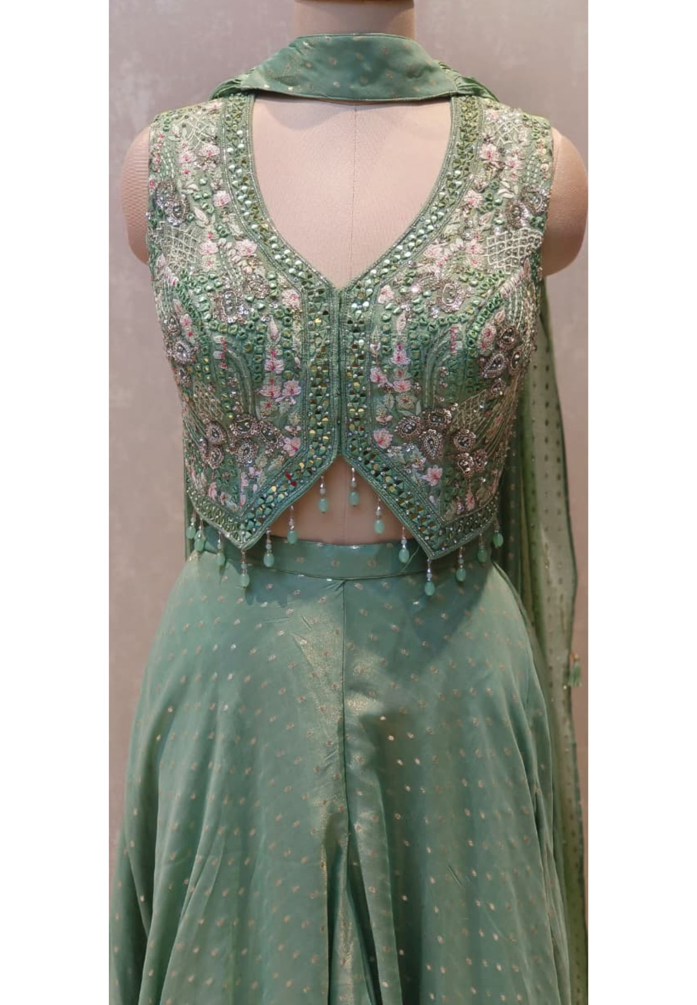 Designer Pastel Green Banarasi Silk Palazzo Set with Intricately Embellished Crop Top and Fully Hand worked Chokar DupattaDRYWASH