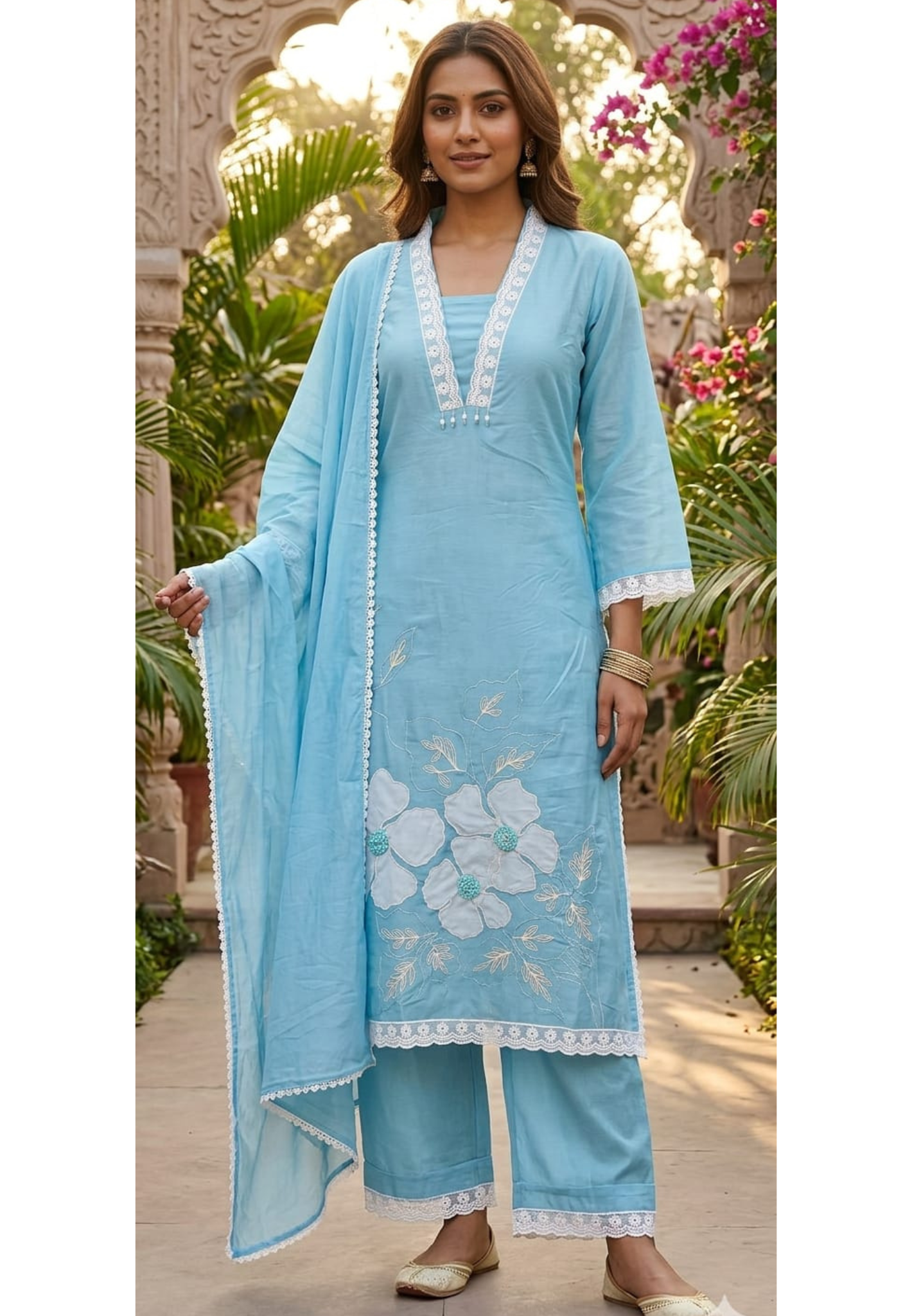 Elegant Sky Blue Surat Mulchanderi Cotton Kurta Set with Floral Embroidery, Straight Pants & Lace Detailed Dupatta-13900 W62