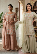 Designer Embroidered Kurti with Sharara Set & Dupatta Thread Work Ethnic Ensemble with Tassel Russian Silk Fabric-13908