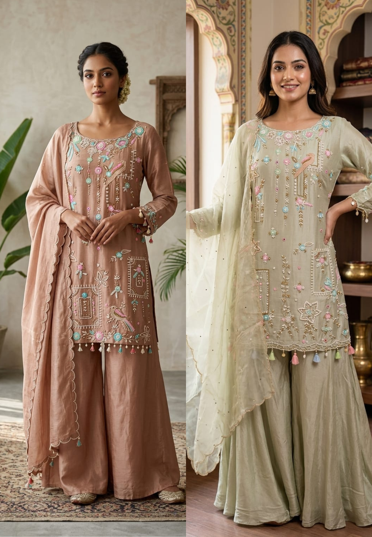 Designer Embroidered Kurti with Sharara Set & Dupatta Thread Work Ethnic Ensemble with Tassel Russian Silk Fabric-13908