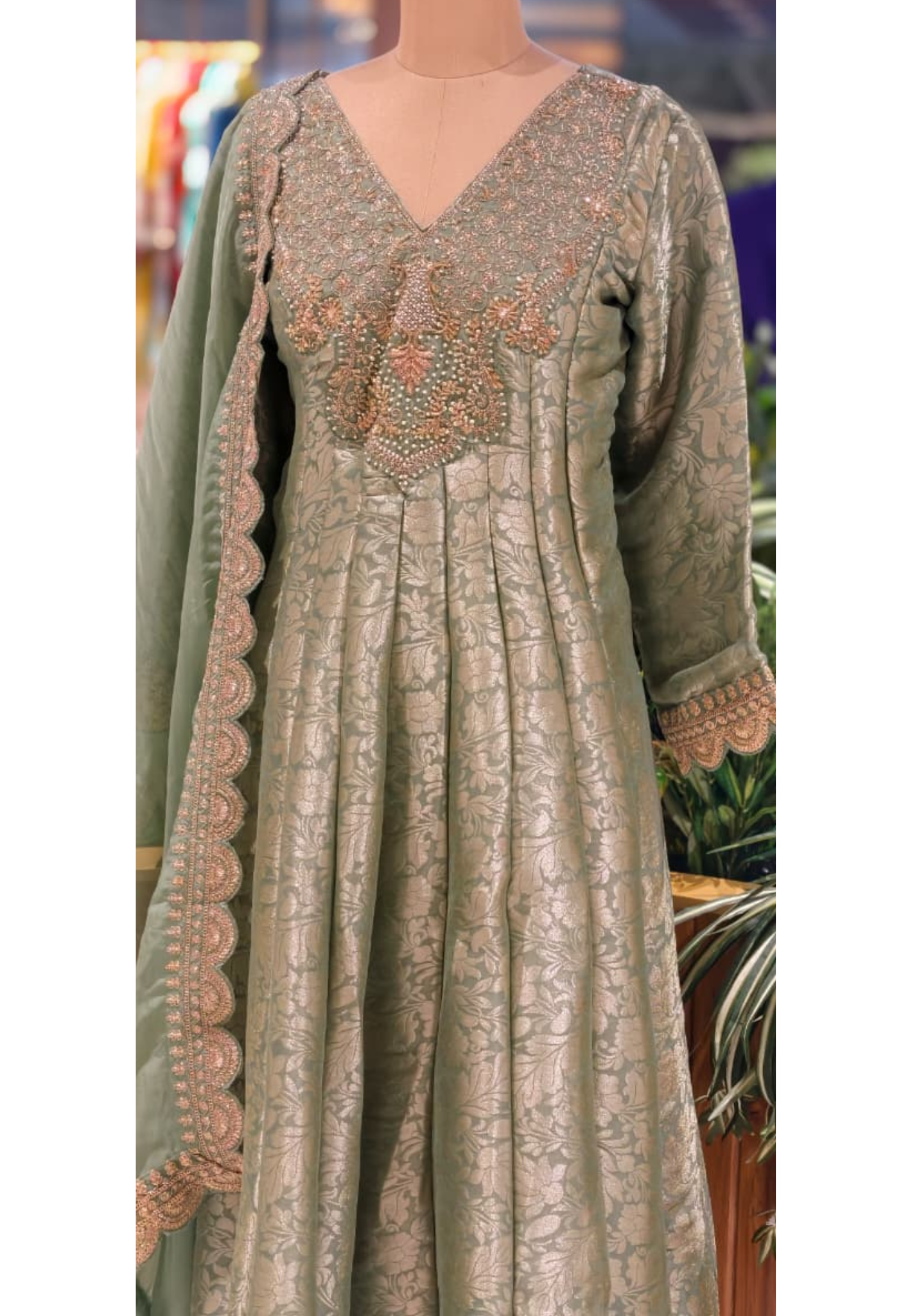 Jacquard Pattern Stunning Heavy Neck Embroidery Brocade Panel Anarkali Full Set- 14072 W36