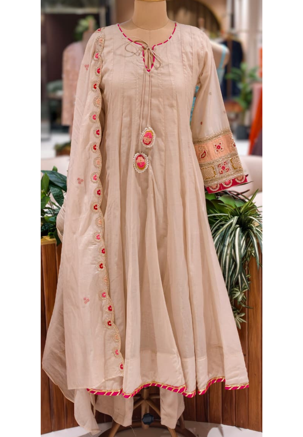 Metallic Taupe Gracious Work Sleeve Panel Anarkali Full Suit Set With Dupatta- 14078 W38