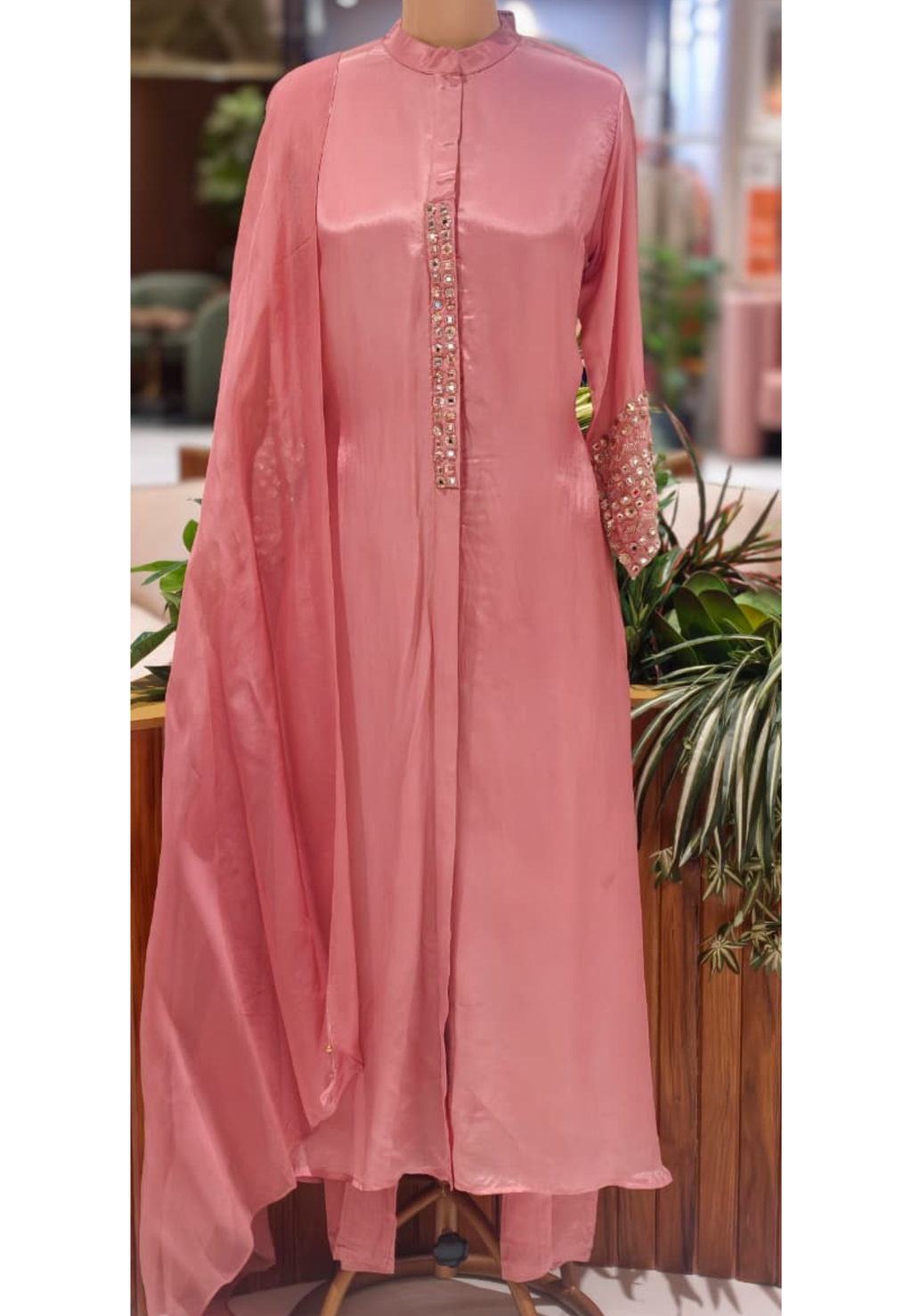 Stunning Real Mirror Work Solid Plain Rose Mesh Anarkali Full Suit Set With Dupatta 14039 W40