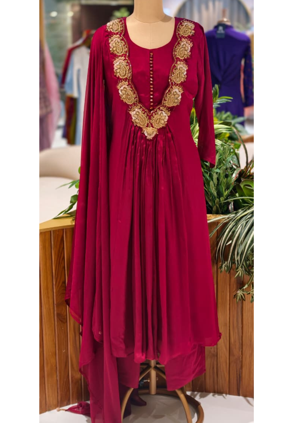 Golden Intricate Embroidery Work 3D Yoke Neck Line Anarkali Full Suit Set With Dupatta- 13998 W39