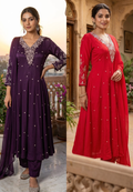 Elegant Chinon Anarkali Suit Set with Heavy Hand Embroidered Neckline & Buti Work Full Suit 13887 W46