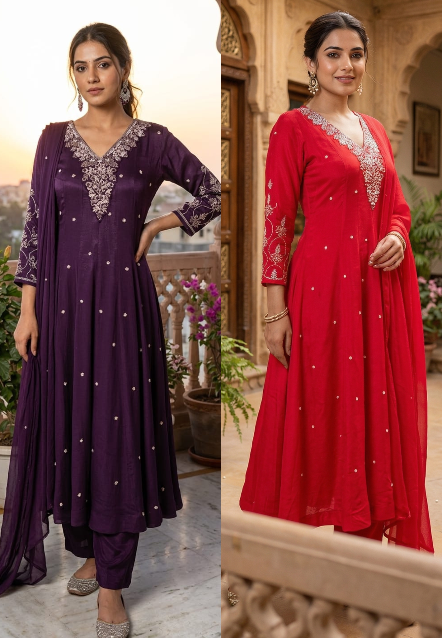 Elegant Chinon Anarkali Suit Set with Heavy Hand Embroidered Neckline & Buti Work Full Suit 13887 W46