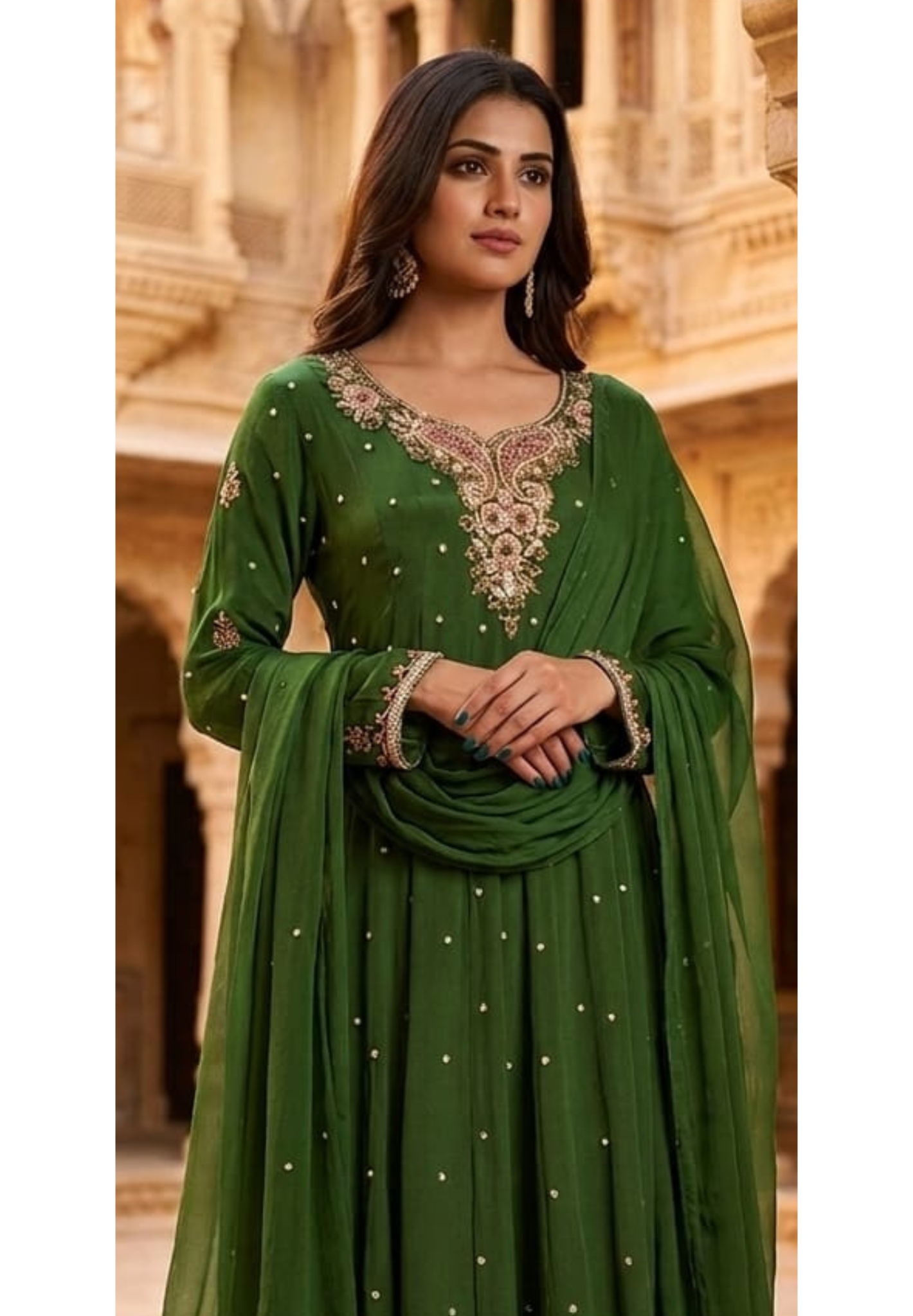 Elegant Chinon Anarkali Suit Set with Heavy Handwork Embroidered Neckline Full Suit 14018 W44