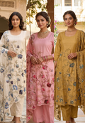 Elegant Soft Mul Chanderi Straight Cut Suit Set with Intricate Floral Embroidery 14029 W43
