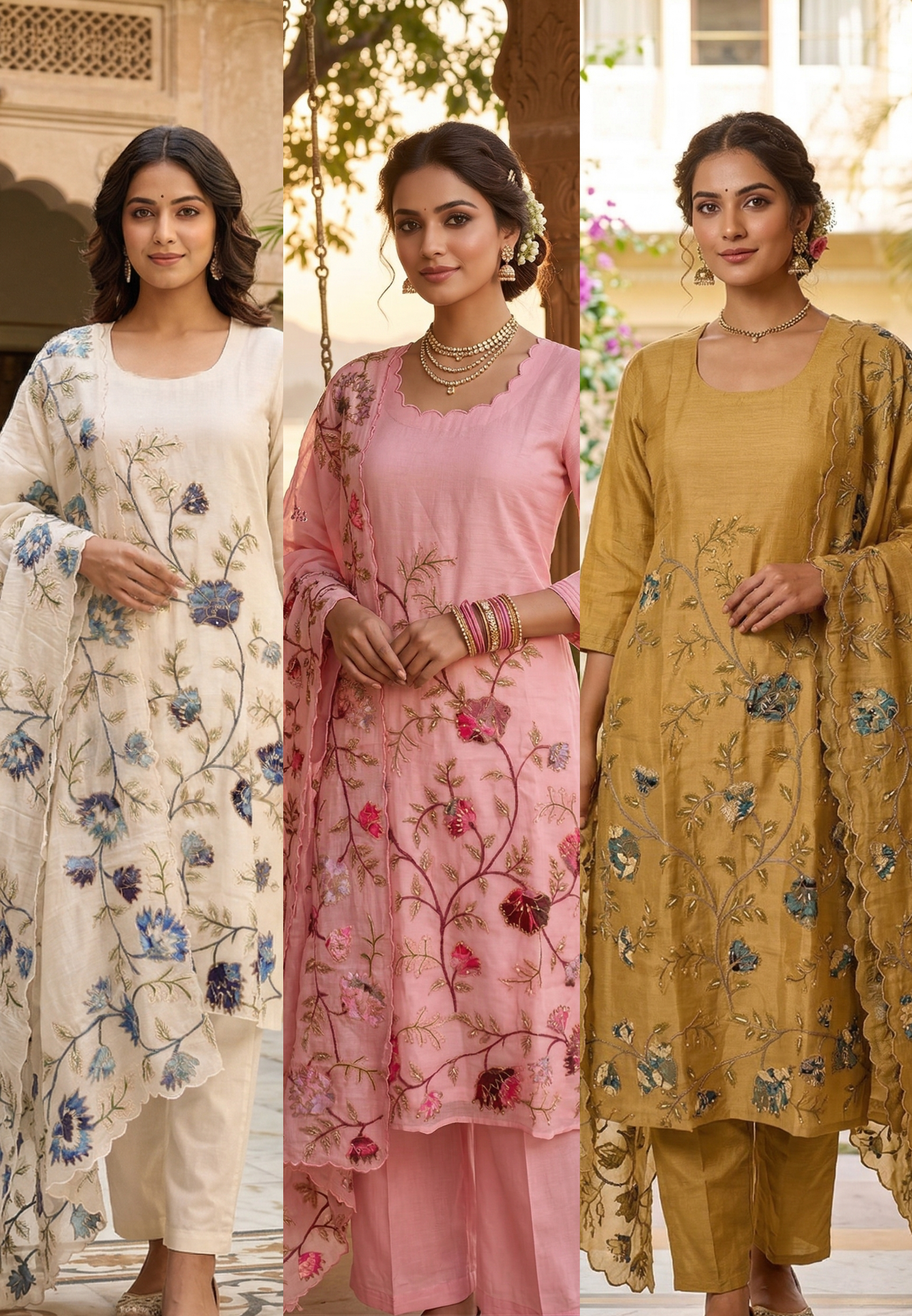 Elegant Soft Mul Chanderi Straight Cut Suit Set with Intricate Floral Embroidery 14029 W43