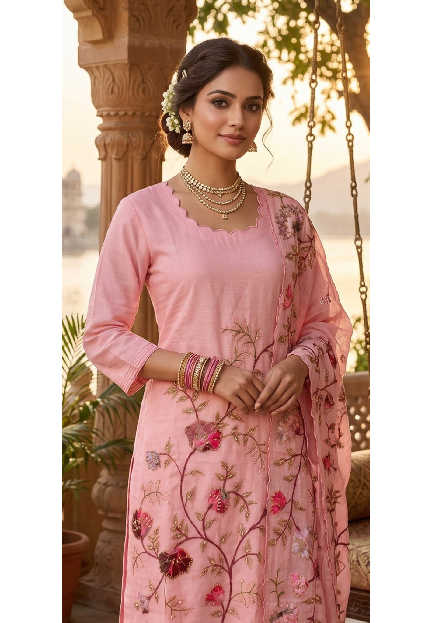 Elegant Soft Mul Chanderi Straight Cut Suit Set with Intricate Floral Embroidery 14029 W43