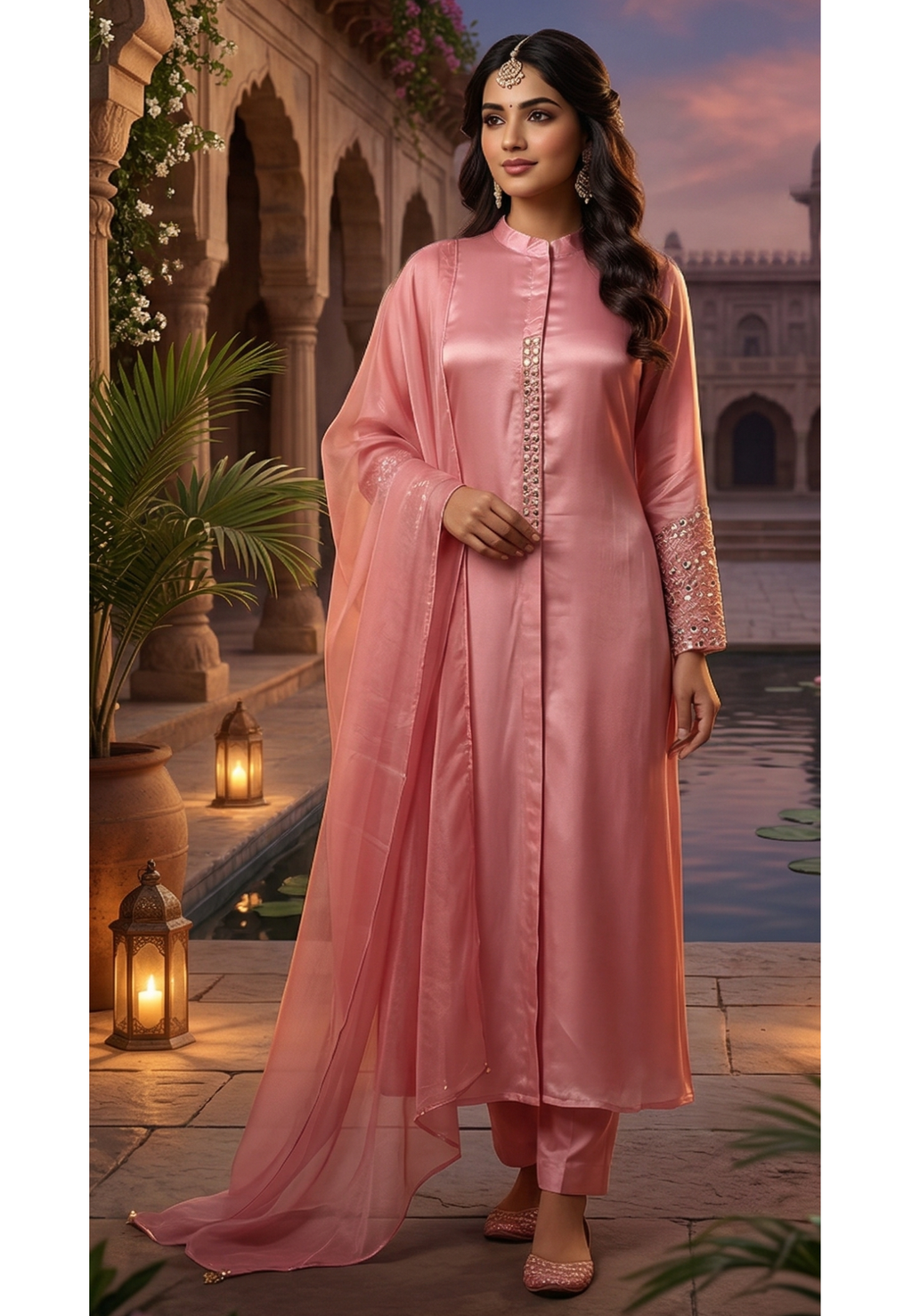 Stunning Real Mirror Work Solid Plain Rose Mesh Anarkali Full Suit Set With Dupatta 14039 W40