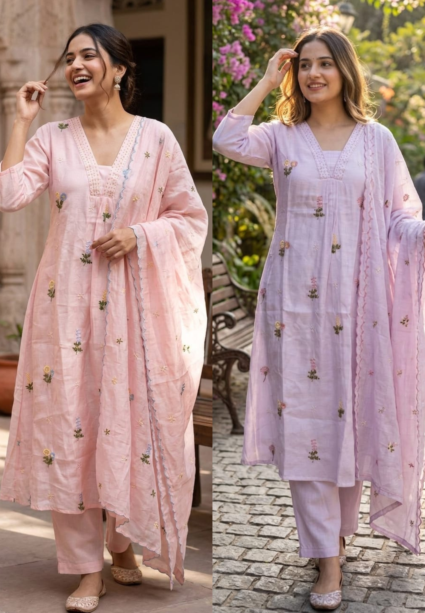 Tiny Pearl Neckline Elegant Floral Embroidery A-Line Full Suit Set With Dupatta In Surat Mul Chanderi Fabric- 13931 W64