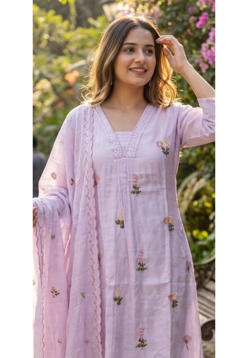 Tiny Pearl Neckline Elegant Floral Embroidery A-Line Full Suit Set With Dupatta In Surat Mul Chanderi Fabric- 13931 W64