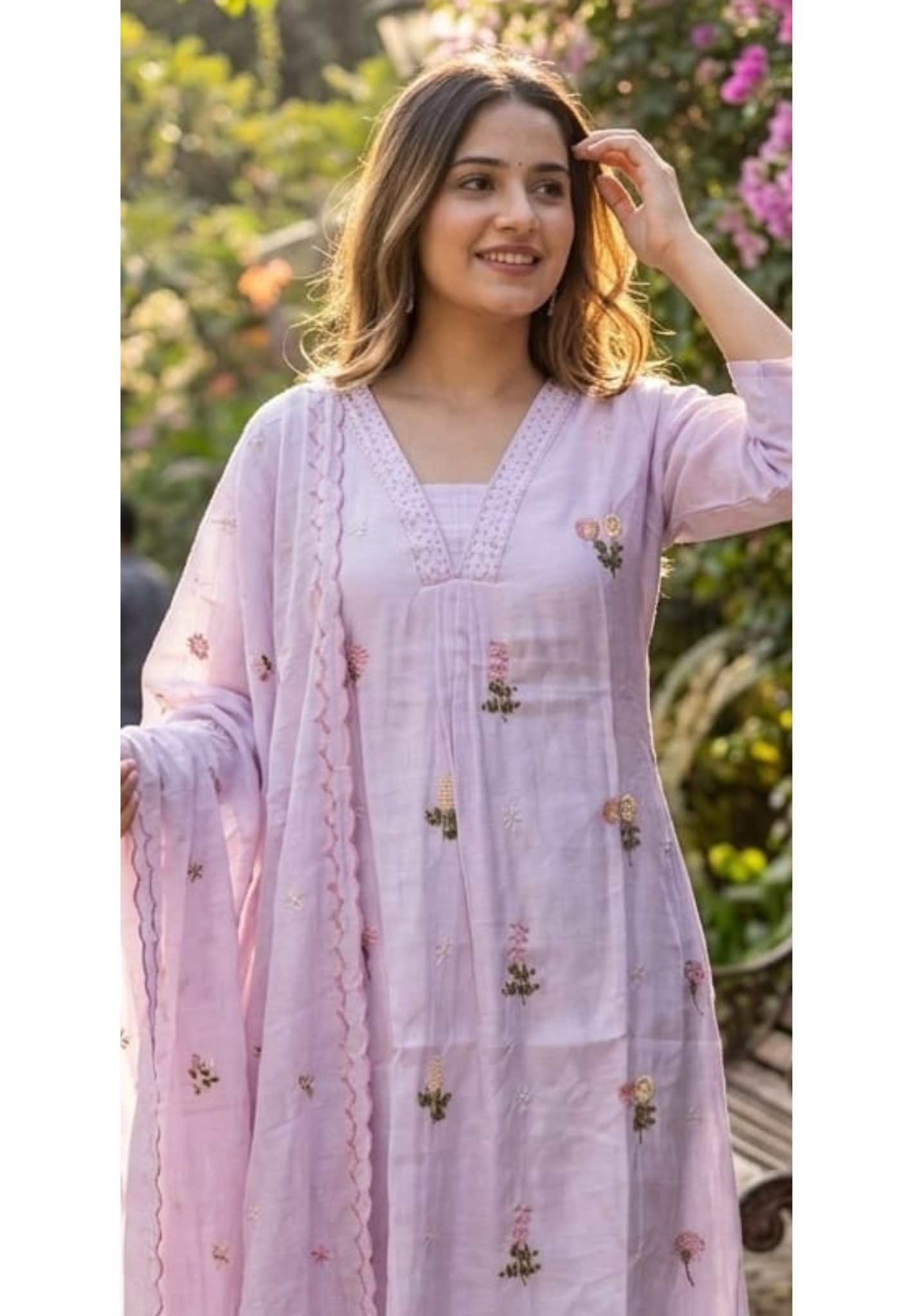 Tiny Pearl Neckline Elegant Floral Embroidery A-Line Full Suit Set With Dupatta In Surat Mul Chanderi Fabric- 13931 W64