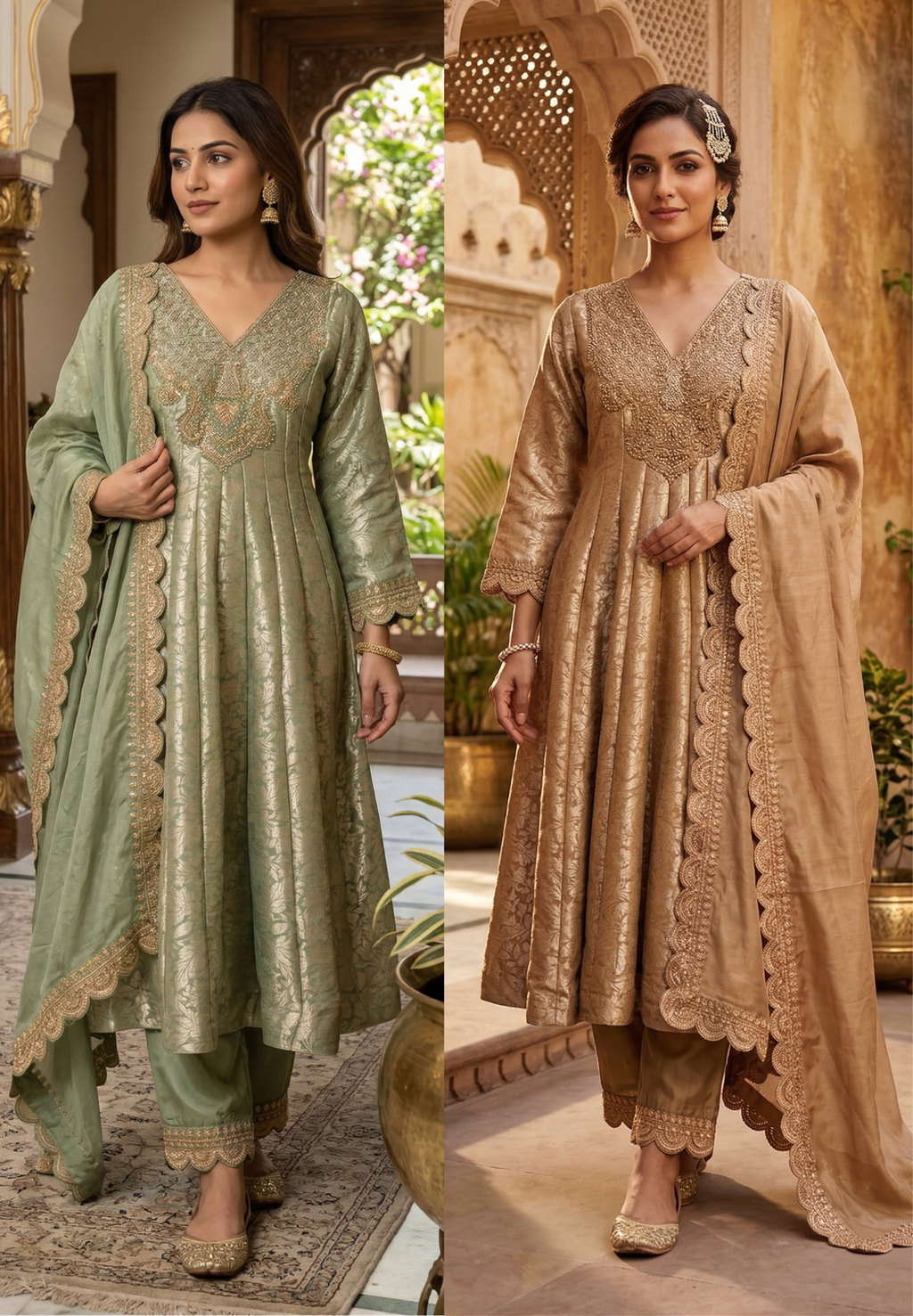 Jacquard Pattern Stunning Heavy Neck Embroidery Brocade Panel Anarkali Full Set- 14072 W36