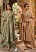 Jacquard Pattern Stunning Heavy Neck Embroidery Brocade Panel Anarkali Full Set- 14072 W36