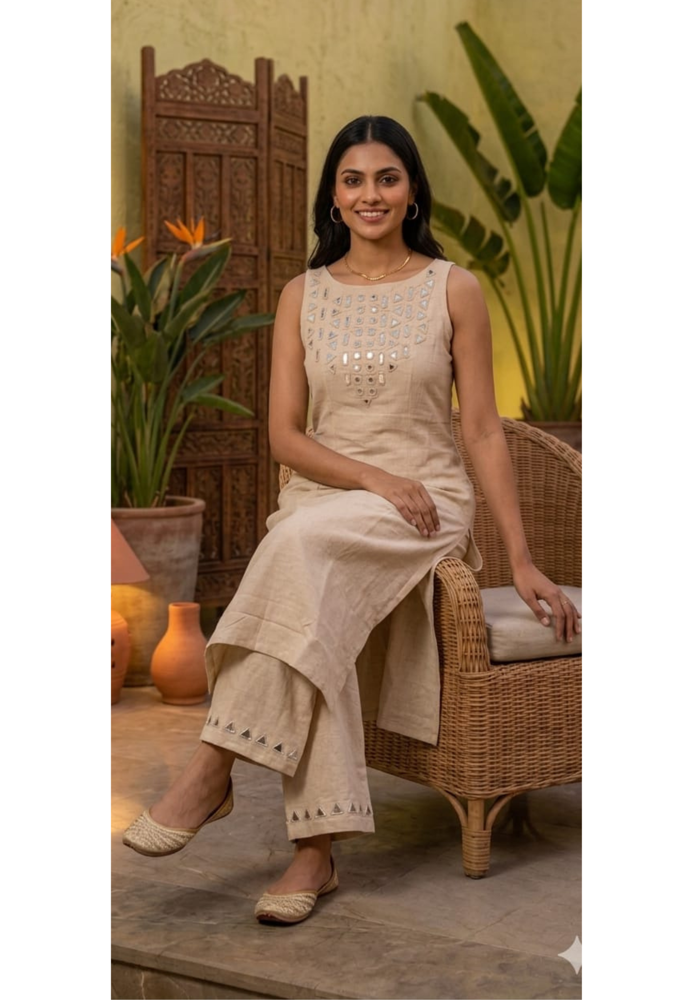 Elegant Handloom Cotton Sleeveless Kurta Set with Mirror Cutwork Neck With Loose Pants-14187 W78