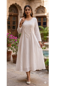 Pure White Handloomed Embroidery Yoke Solid Plain Ankle Length Frock W83