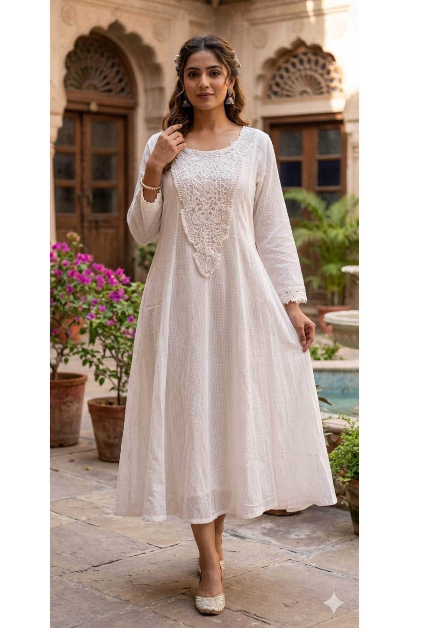 Pure White Handloomed Embroidery Yoke Solid Plain Ankle Length Frock W83
