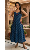 Indigo Handloom Cotton Noodle Strap Sleeveless Frock with Bandhani Print & Pockets-14180 W84