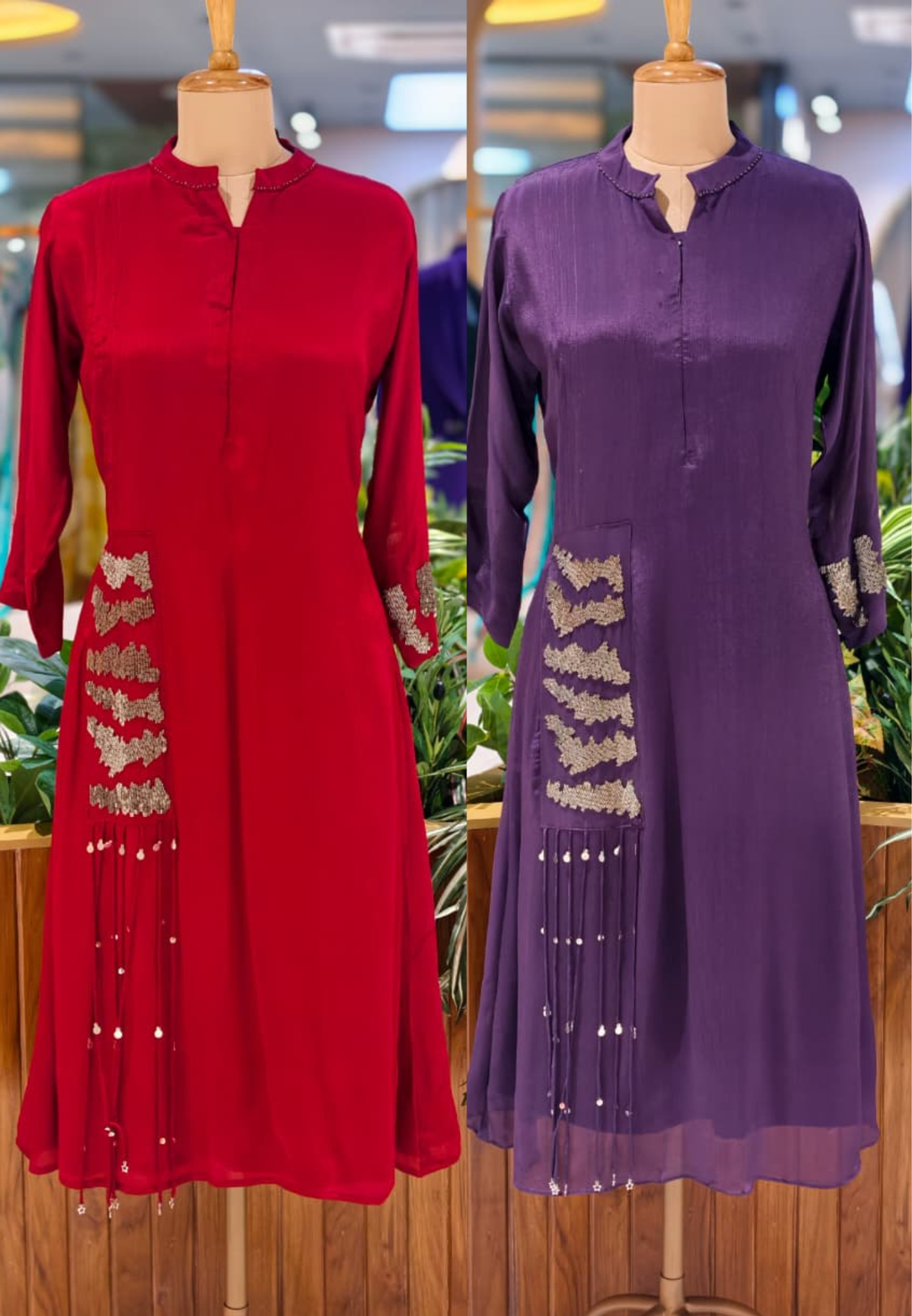 Sequin Touch Stylish Solid Collared Ankle Length Casual Frock- 14030 W87