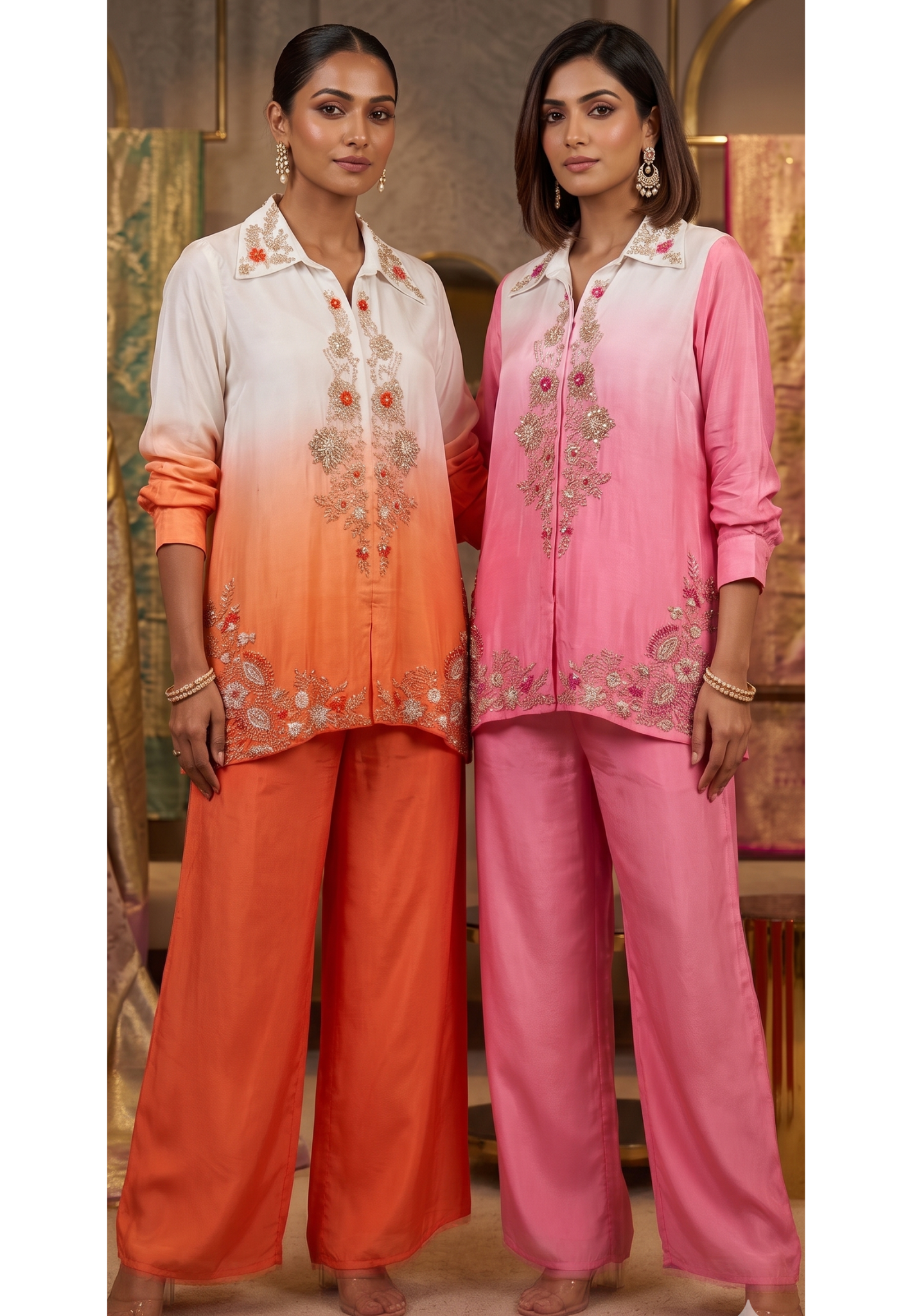 Floral Embroidery Flowing Silhouette Ombre Fusion Co-Ords W98