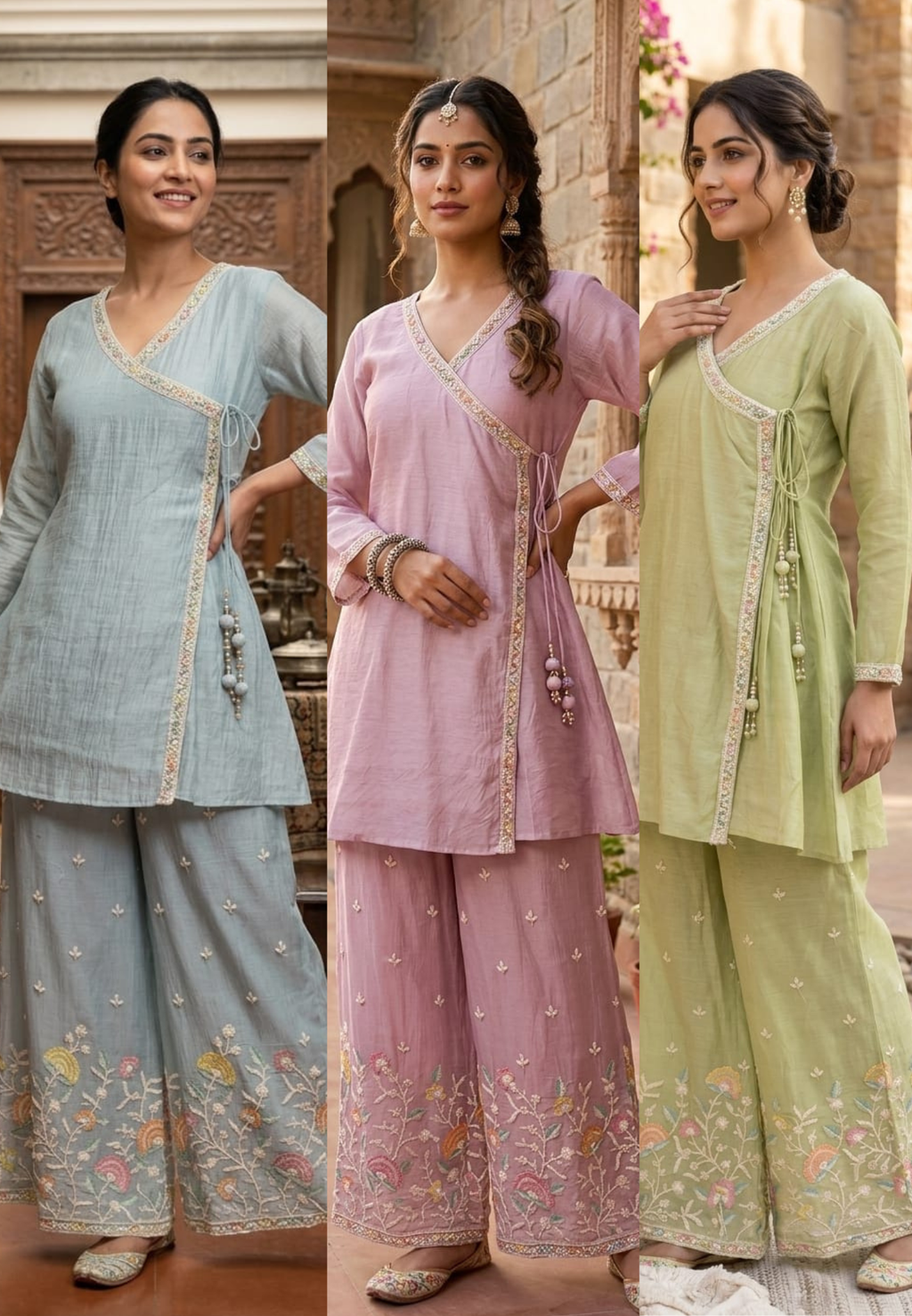 Angrakha Patterened Elegant Beads Work Designer Kurta Pant Set In Mul Chanderi Fabric- 14252 W119