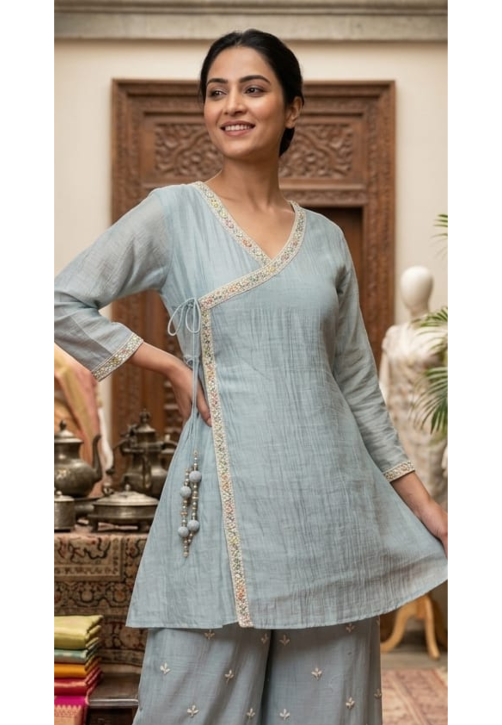 Angrakha Patterened Elegant Beads Work Designer Kurta Pant Set In Mul Chanderi Fabric- 14252 W119