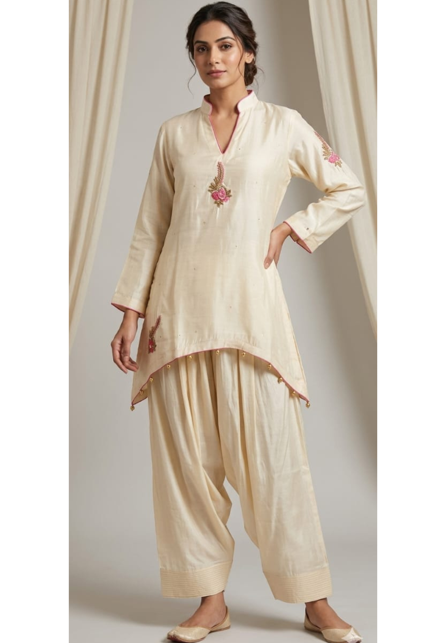White Sheer Soft Toned Minimal Embroidery Russian Silk High Low Co-Ord Set W117