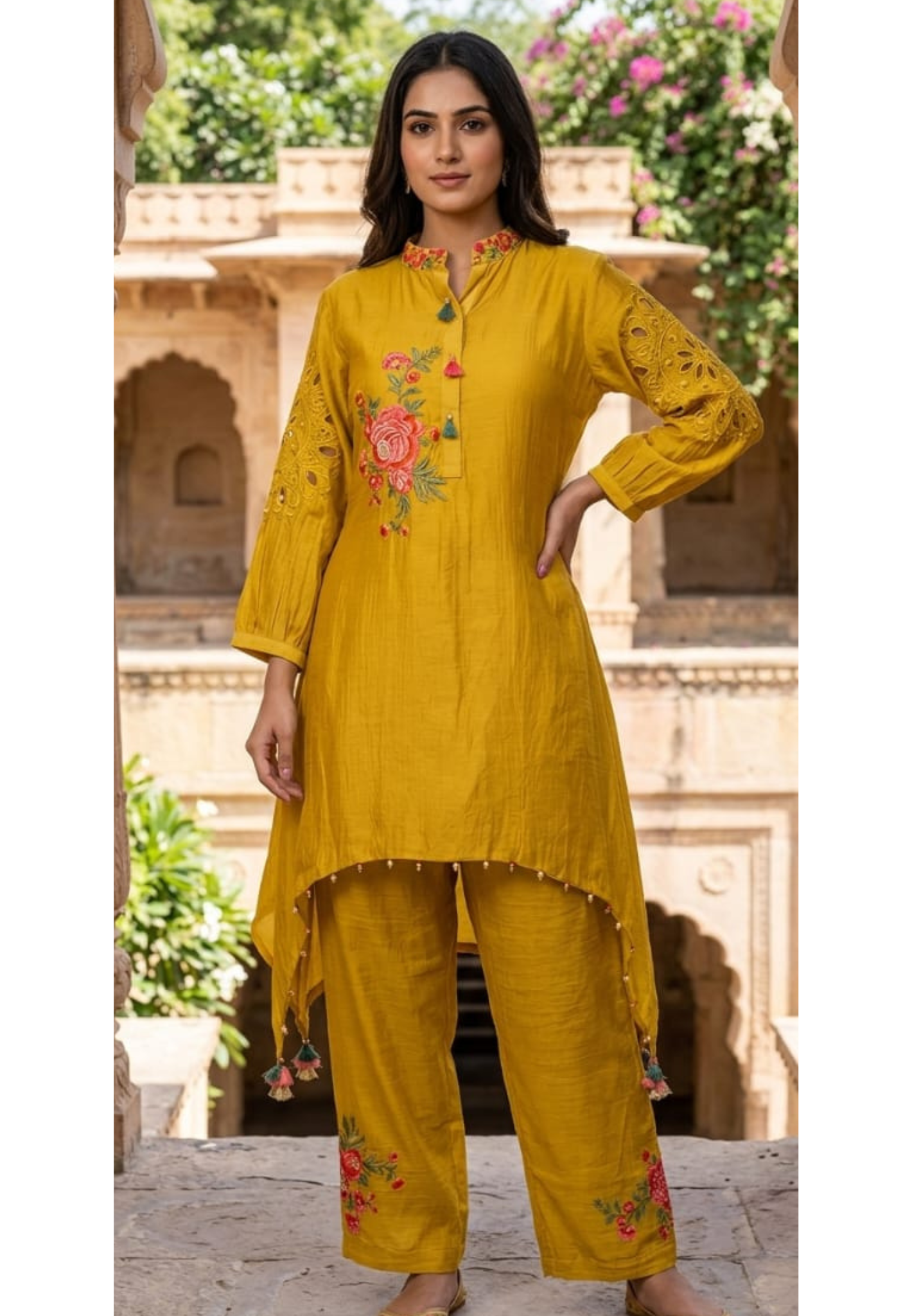 Realistic Floral Resam Embroidery Cut Work Over Sleeve Mul Chanderi High Low Kurta Pant Set- 14240 W120