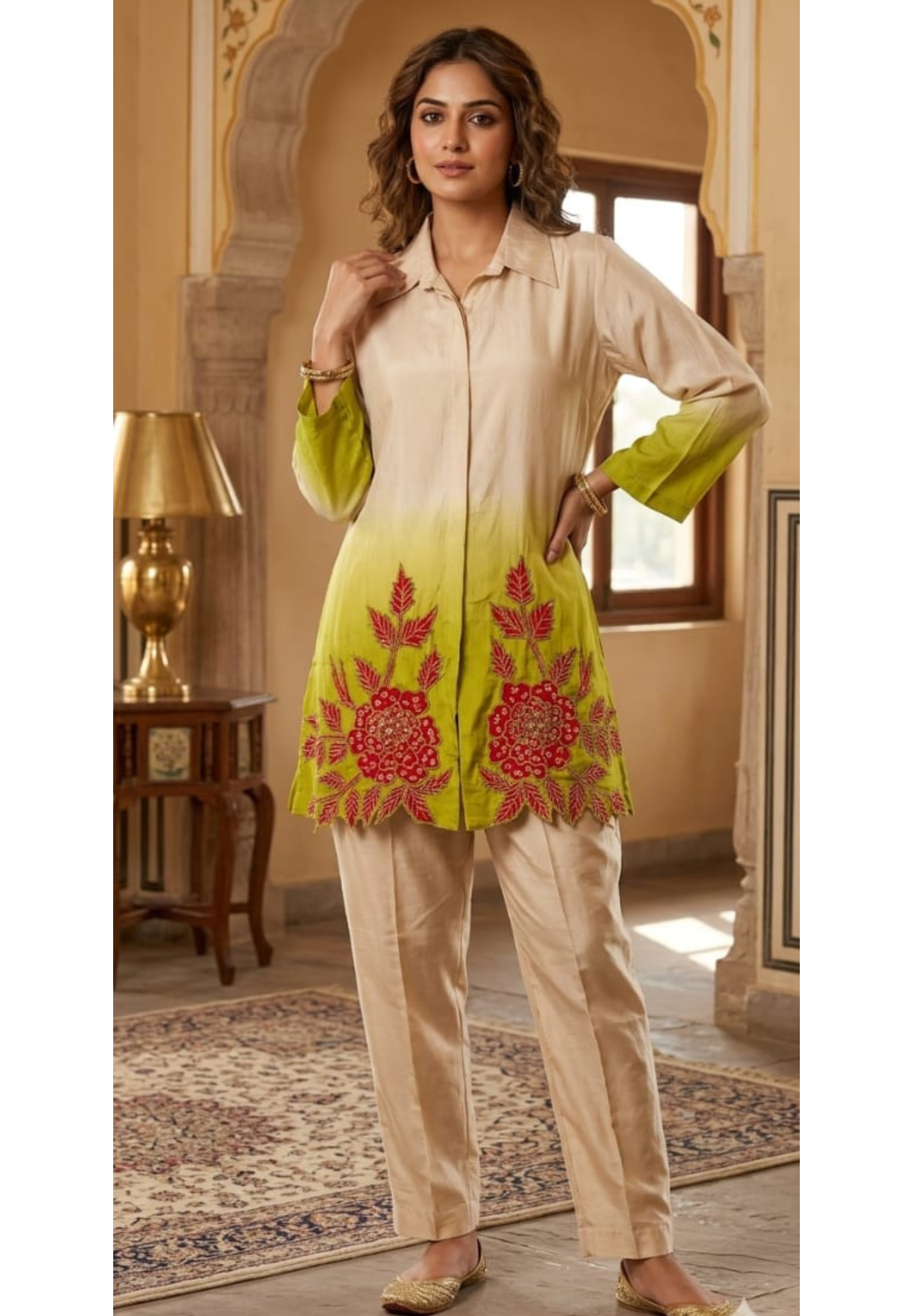 Ombre Shade With Ruby Touch Floral Co-Ord Set In Crepe Fabric-14312 W108