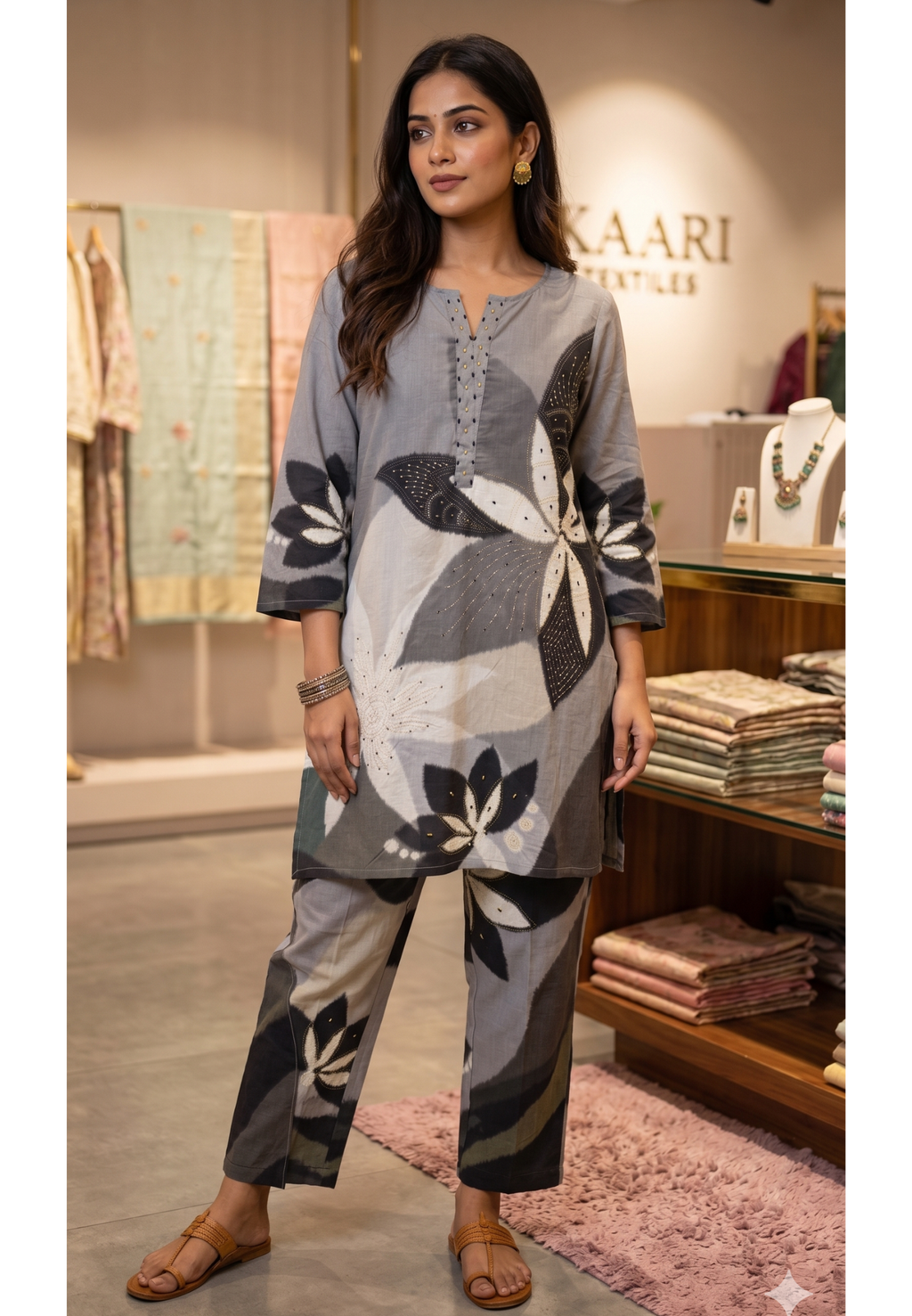 Moonlight Grace Floral Print Greyish Cotton Co-Ord Set W122