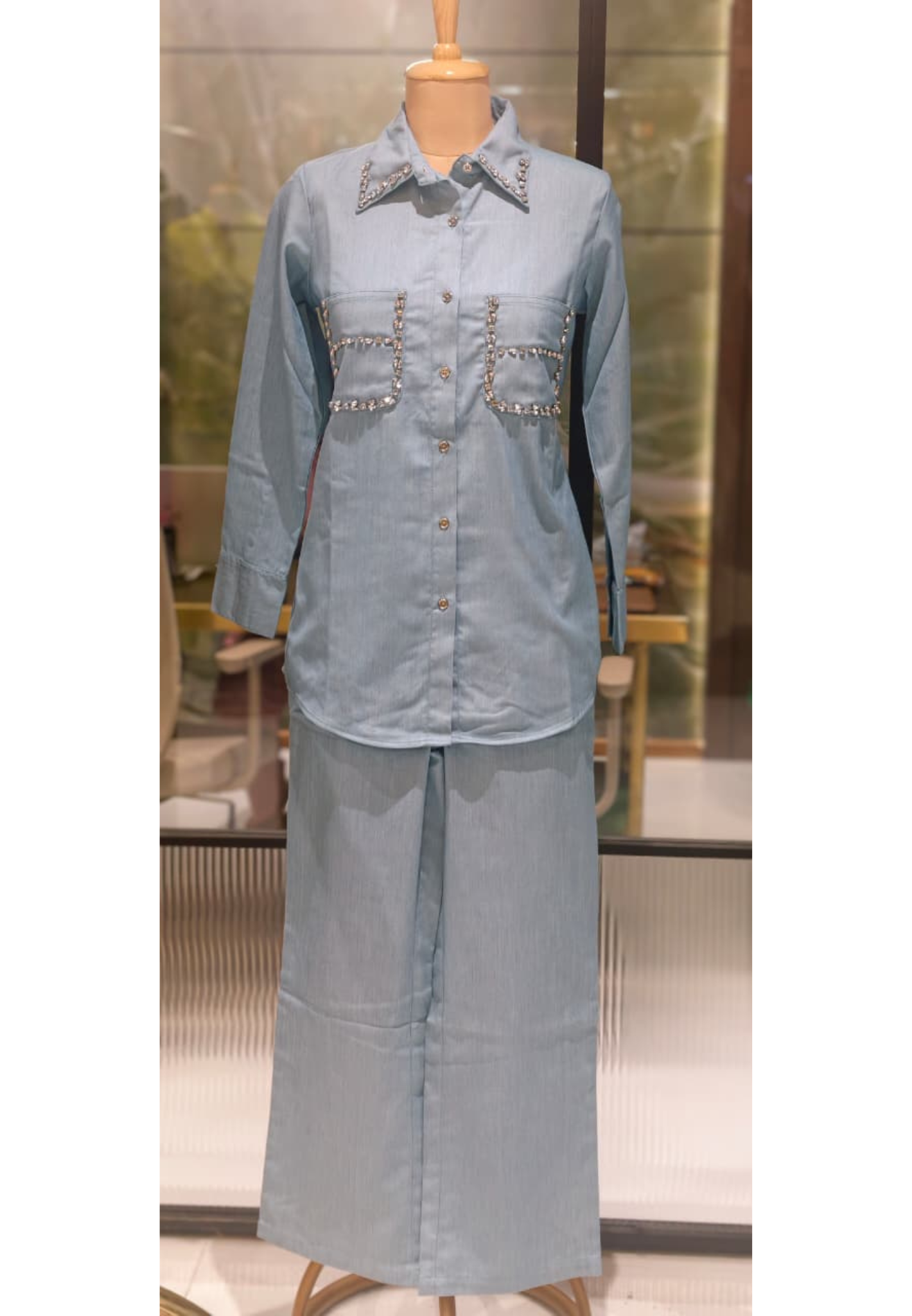 Stylish Beads Stone Work On Shoulder Solid Denim Co-Ord Sets-14339 W131