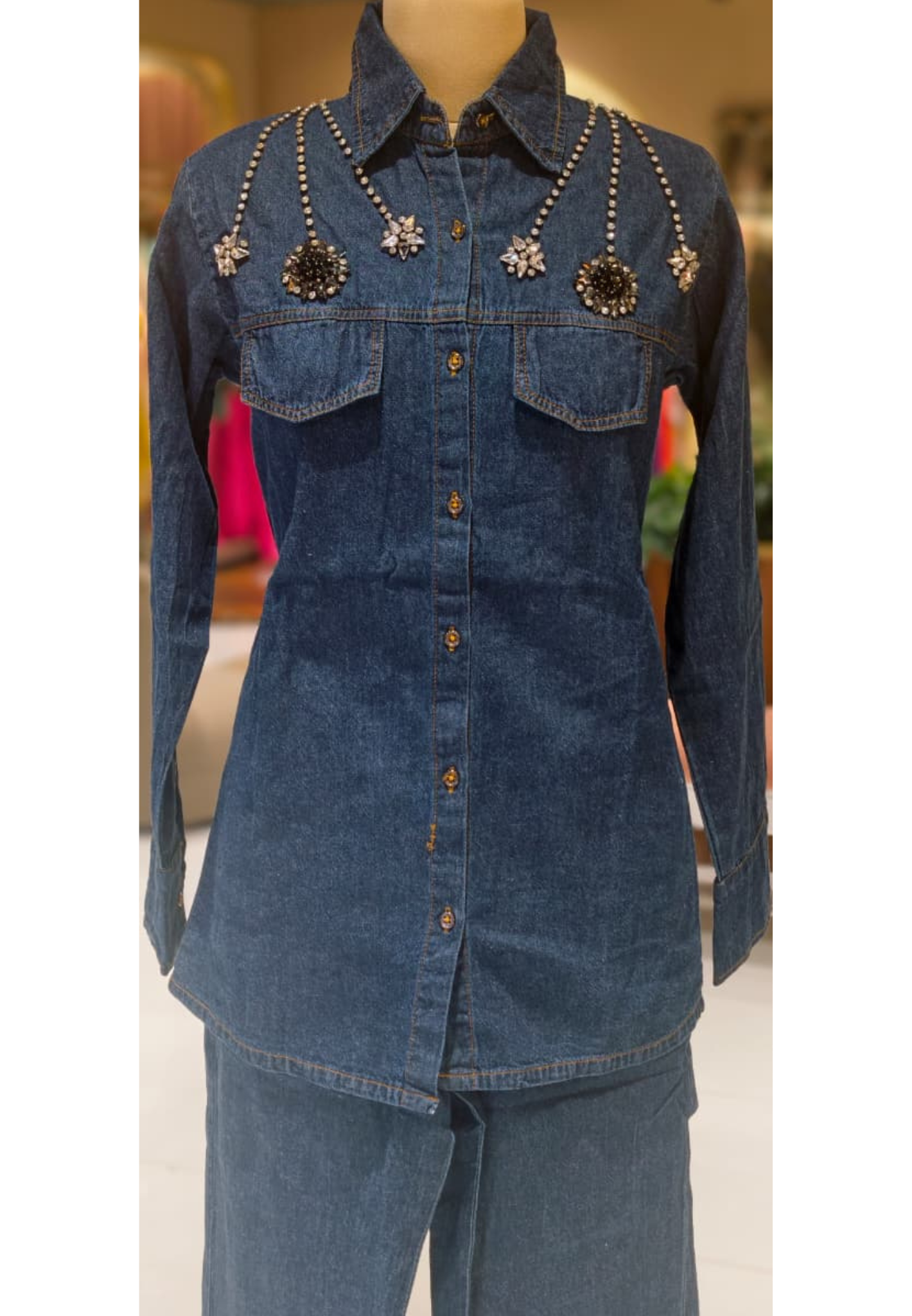 Reinstone Over Pocket & Collar Smart Look Solid Denim Co-Ord Set-14337 W129
