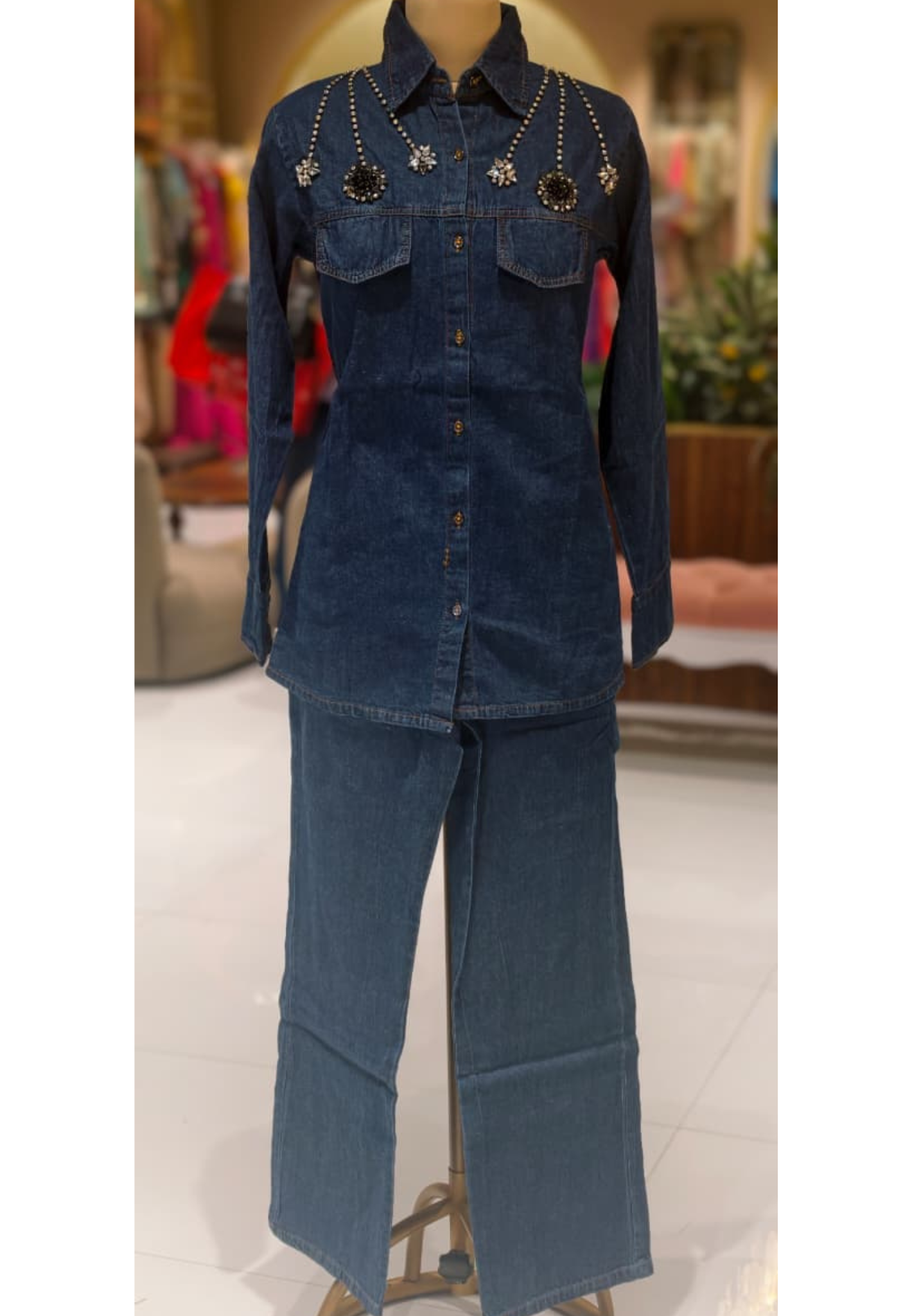 Reinstone Over Pocket & Collar Smart Look Solid Denim Co-Ord Set-14337 W129
