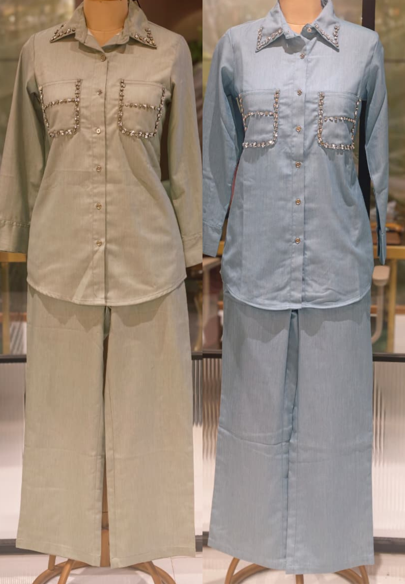 Stylish Beads Stone Work On Shoulder Solid Denim Co-Ord Sets-14339 W131