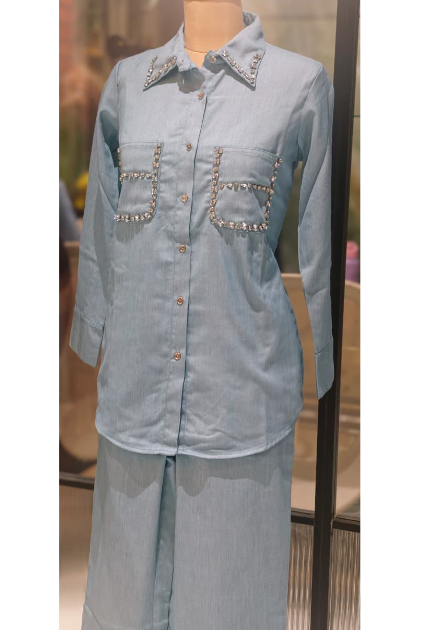 Stylish Beads Stone Work On Shoulder Solid Denim Co-Ord Sets-14339 W131