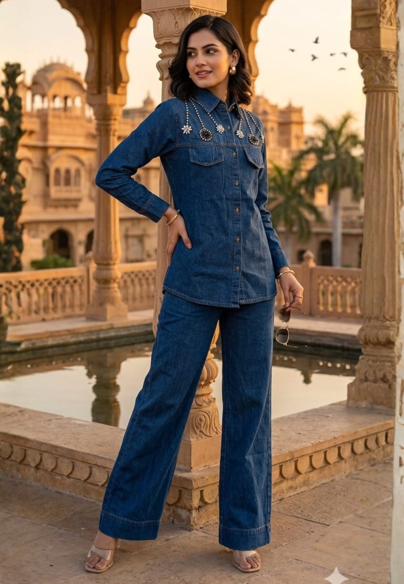 Reinstone Over Pocket & Collar Smart Look Solid Denim Co-Ord Set-14337 W129