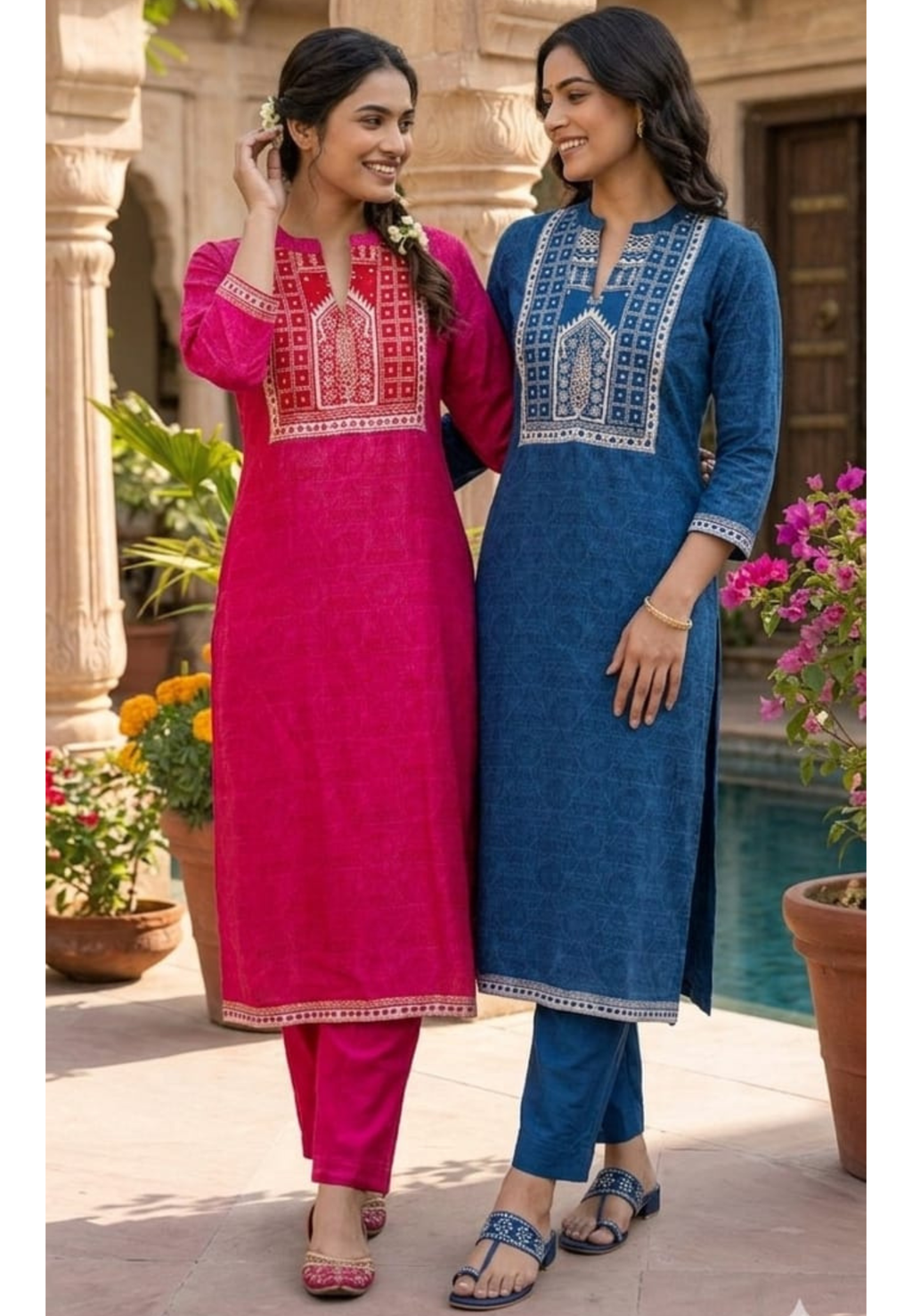 Minimal Printed Yoke Borders Outline Muslin Kurta Pant Set- 14257 W139