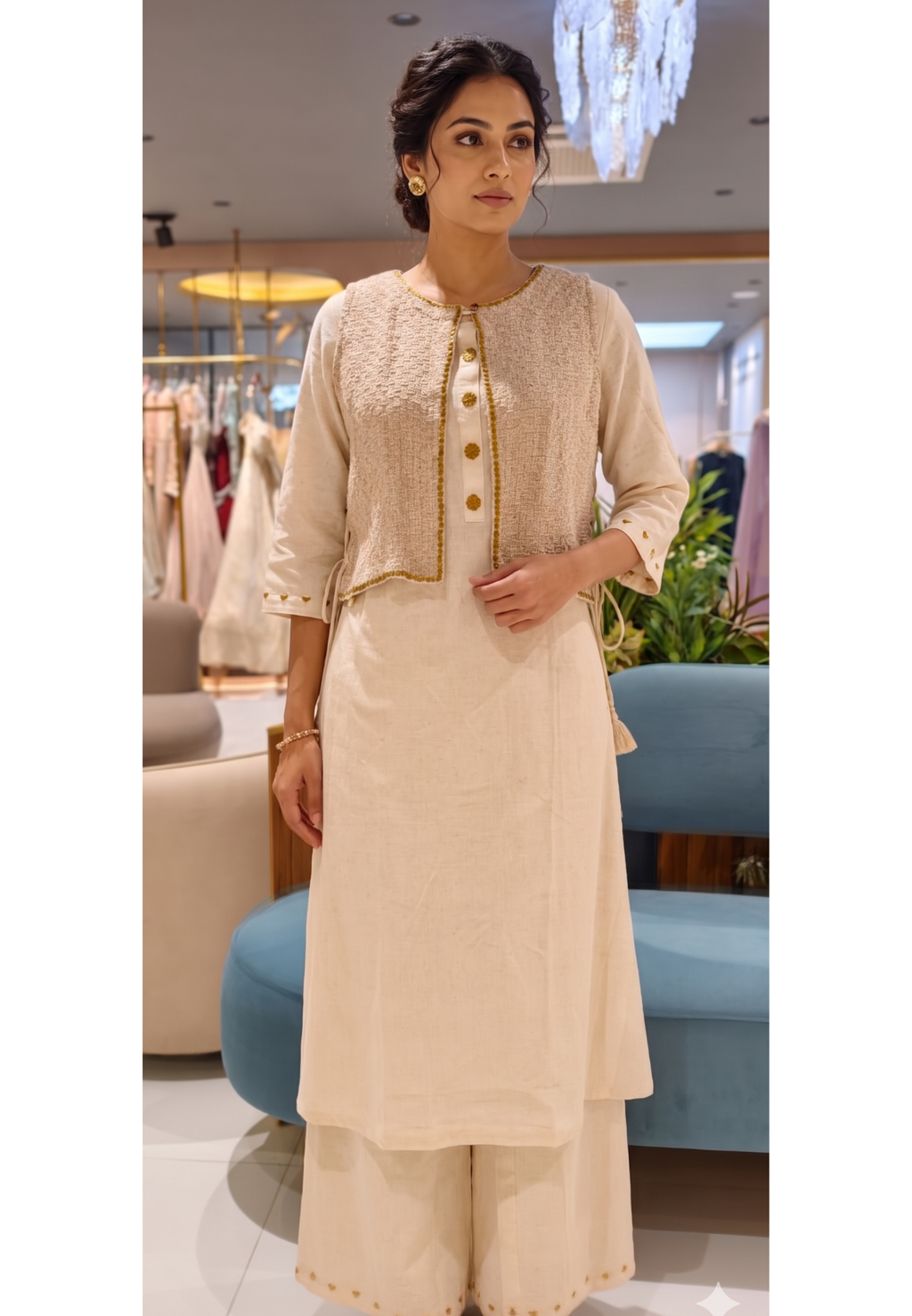 Golden Foil Highlight Jacket Style Solid Straight Kurta Pant Set In Cotton Fabric- 14194 W140