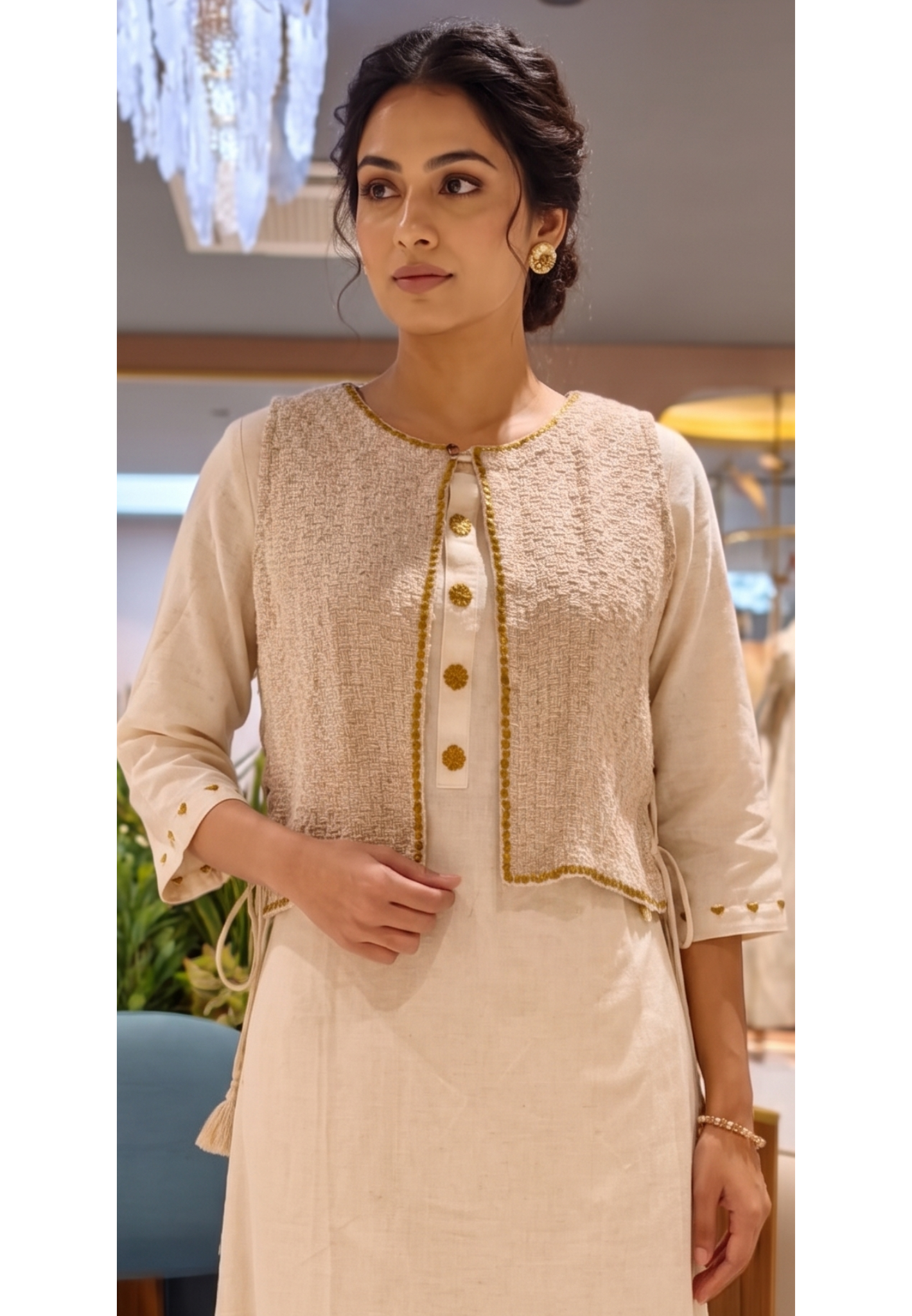 Golden Foil Highlight Jacket Style Solid Straight Kurta Pant Set In Cotton Fabric- 14194 W140