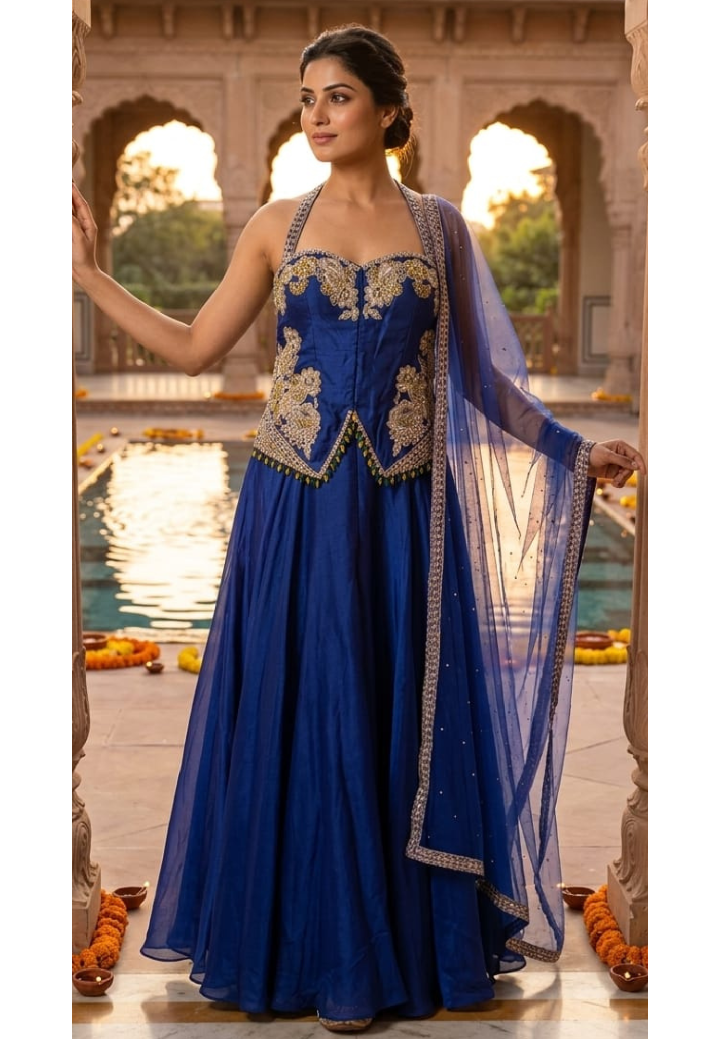 Royal Indigo Hand-Embellished Regal Statement Stunning Scalloped Bodice Indo Wear- 14326 RB333