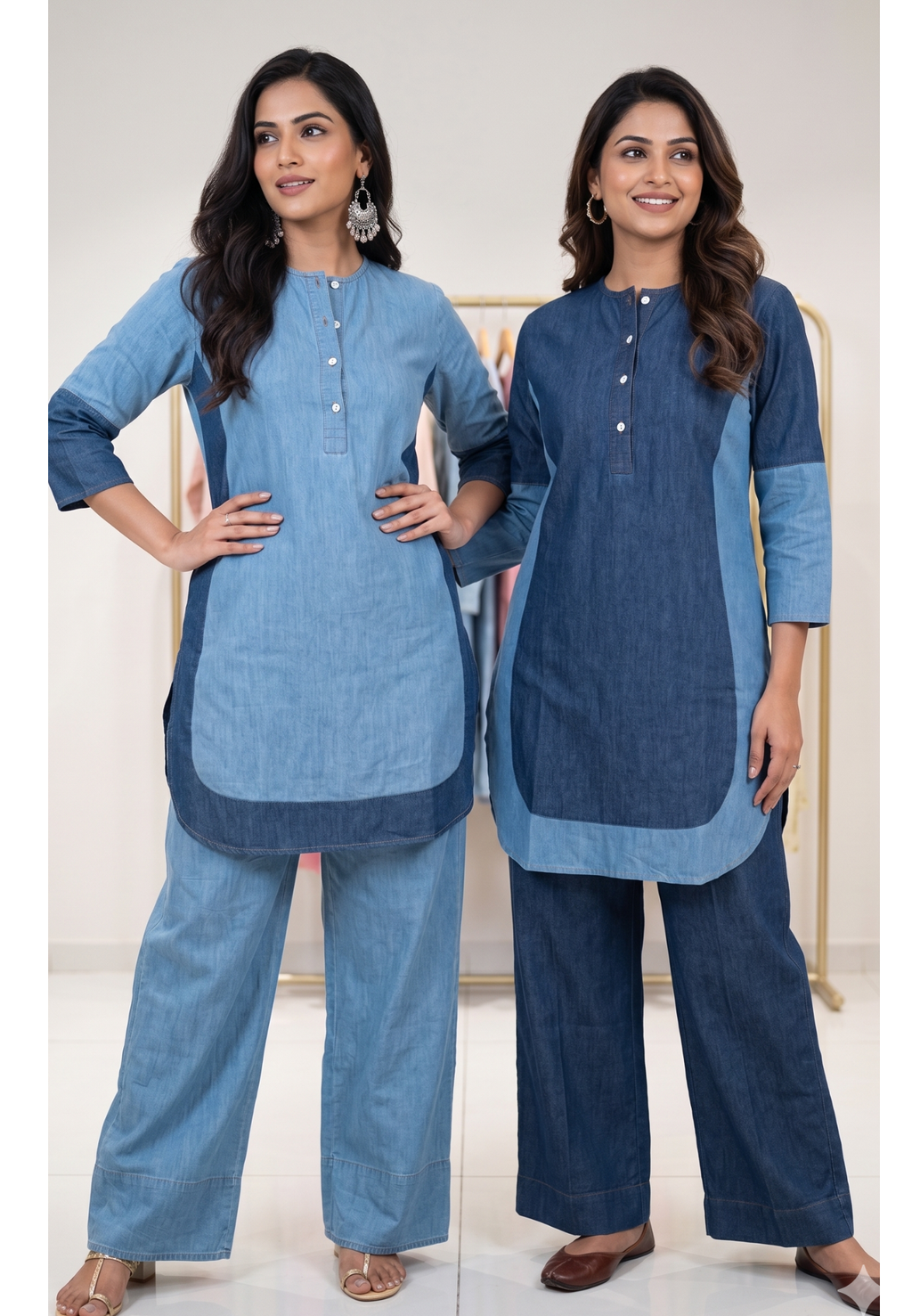 Modern Dual-Tone Denim Farsi Bottom Co-ord Set with Contemporary Buttoned Detailing- 14520 W155
