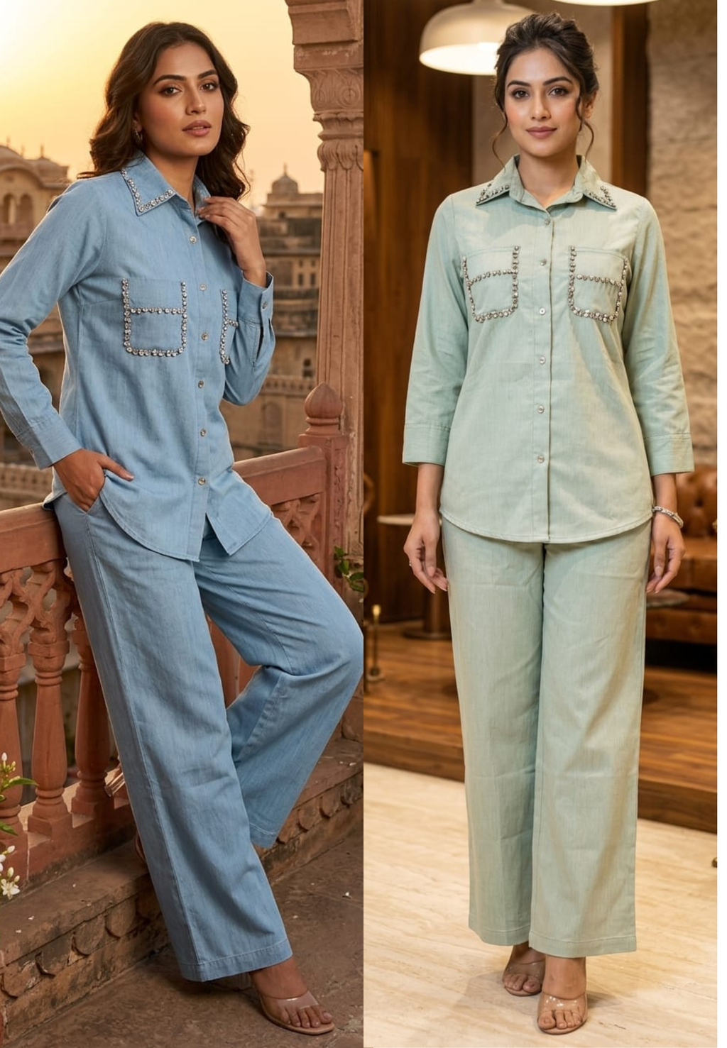 Stylish Beads Stone Work On Shoulder Solid Denim Co-Ord Sets-14339 W131