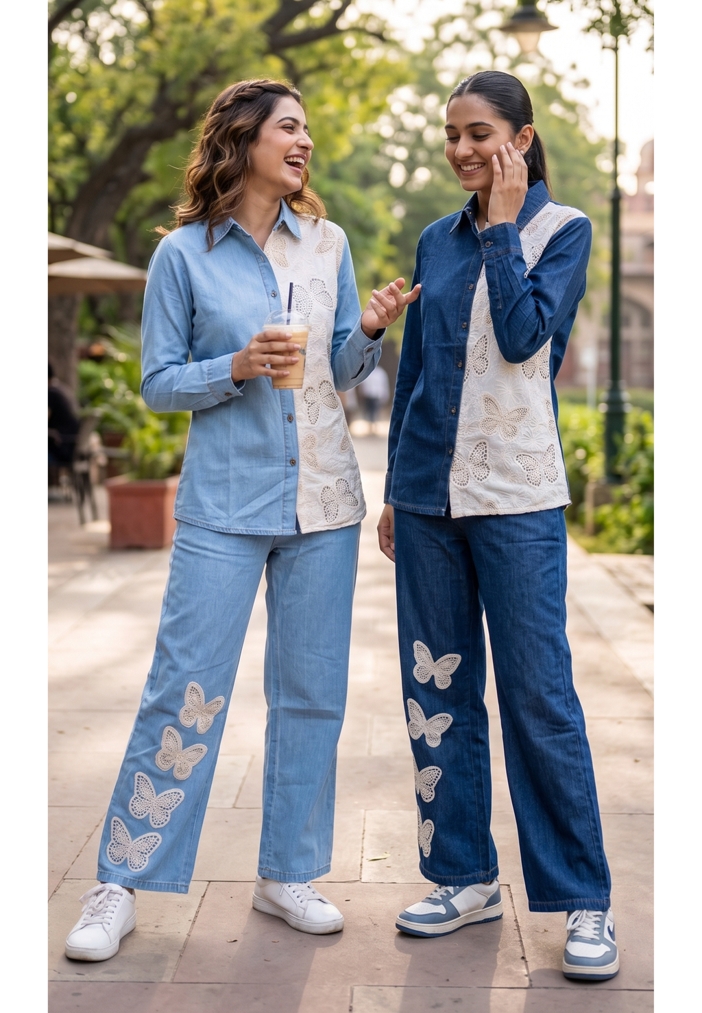 All Over Scattered Butterfly Patch Dual Tone Denim Co-Ord Set-14340 W130
